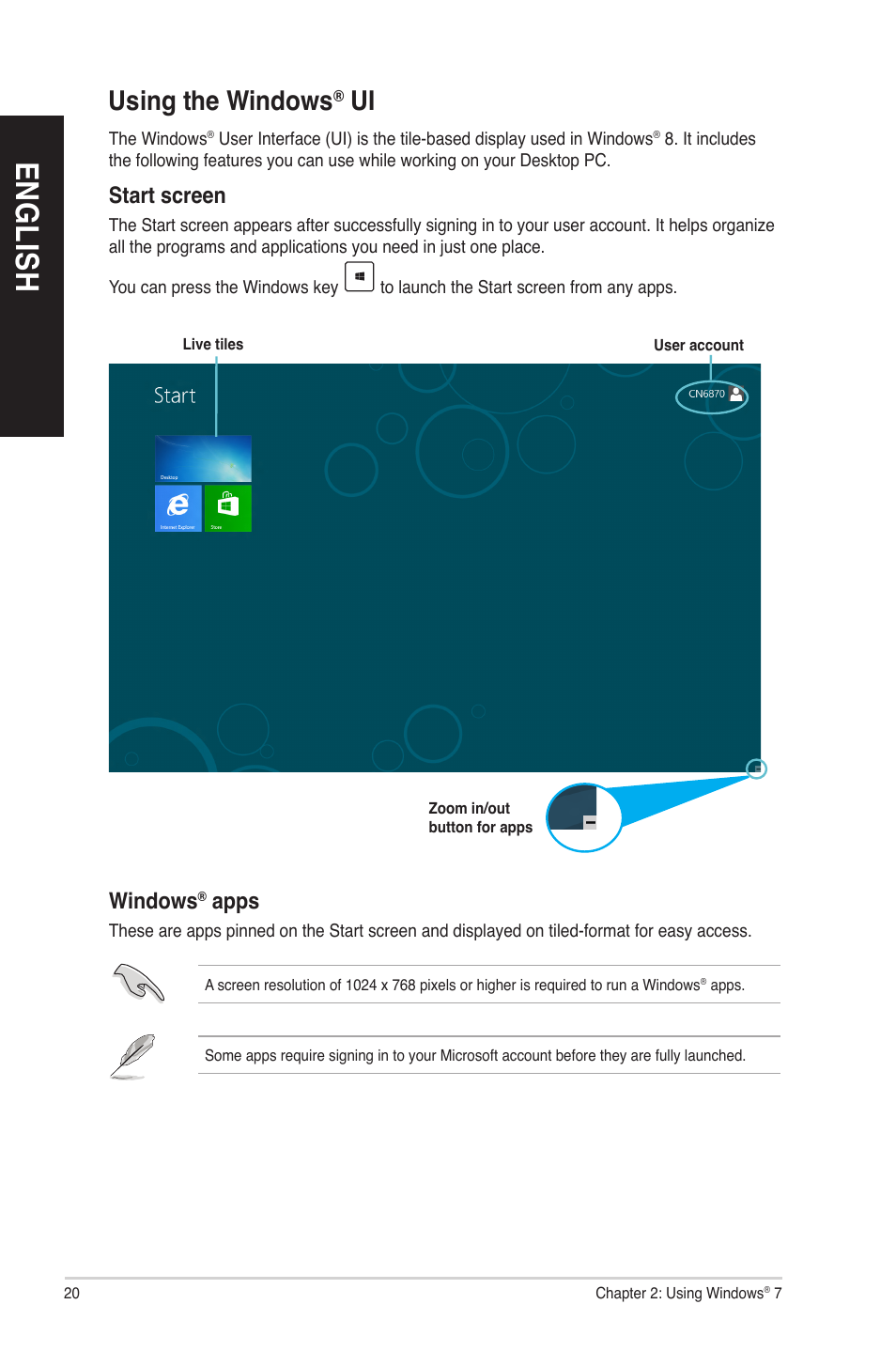 Using the windows® ui, Using the windows, En gl is h en gl is h en gl is h en gl is h | Asus CM1740 User Manual | Page 20 / 70