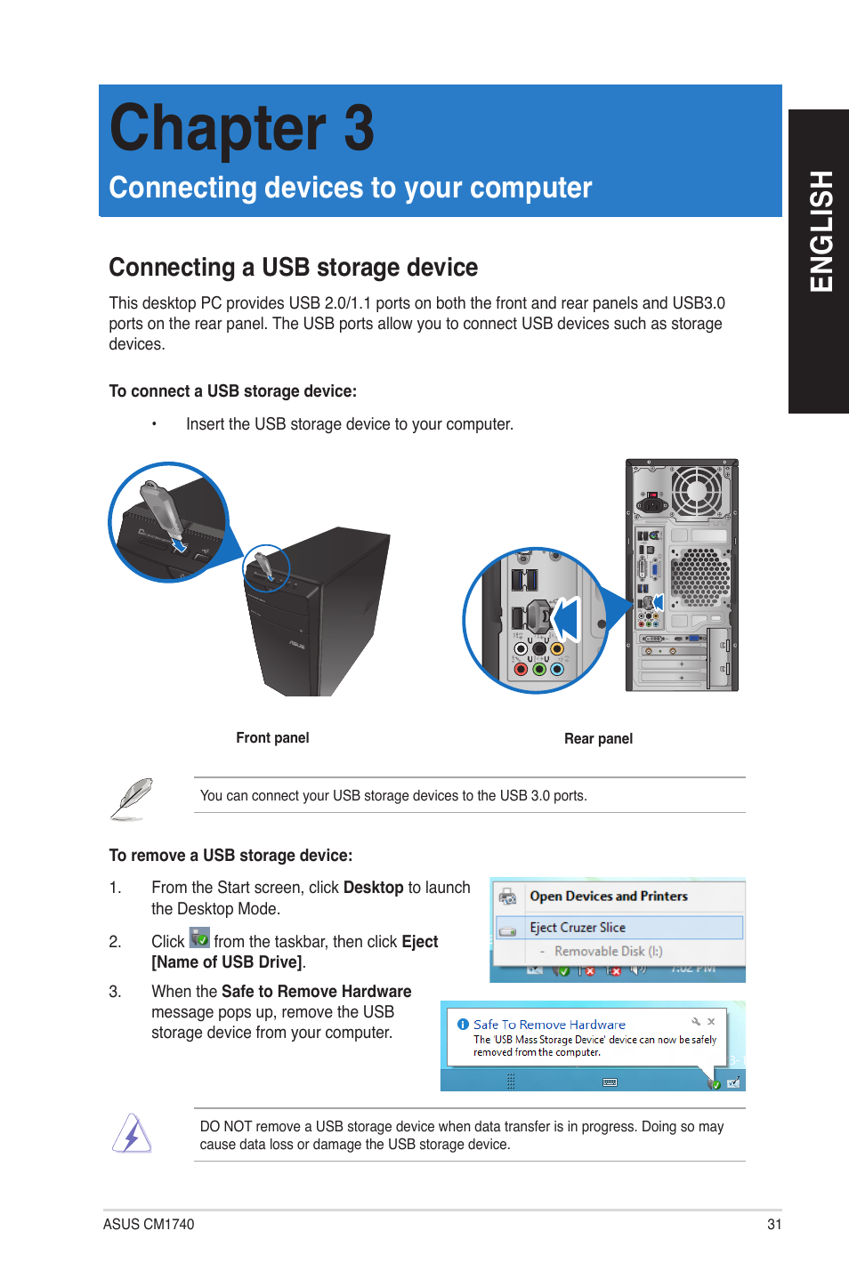 Chapter 3: connecting devices to your computer, Connecting a usb storage device, Connecting devices to your computer | Chapter 3, En gl is h en gl is h | Asus CM1740 User Manual | Page 31 / 70