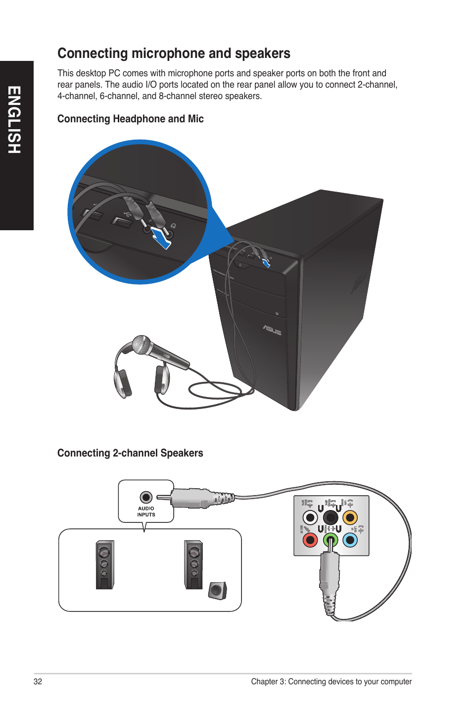 Connecting microphone and speakers, En gl is h en gl is h en gl is h en gl is h | Asus CM1740 User Manual | Page 32 / 70