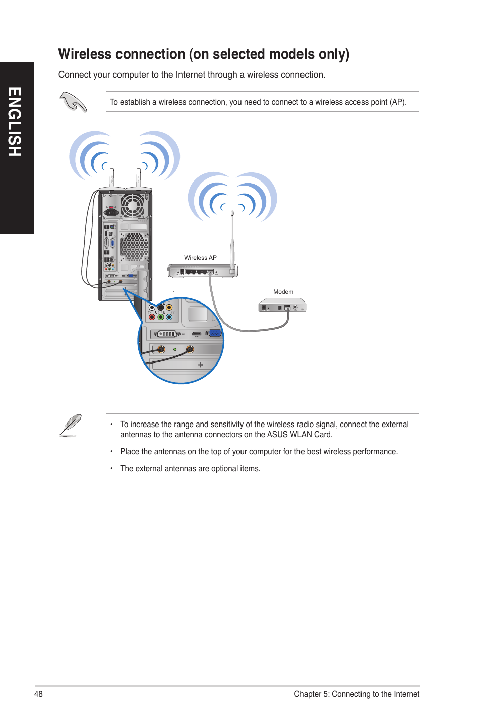 Wireless connection (on selected models only), En gl is h en gl is h en gl is h en gl is h | Asus CM1740 User Manual | Page 48 / 70