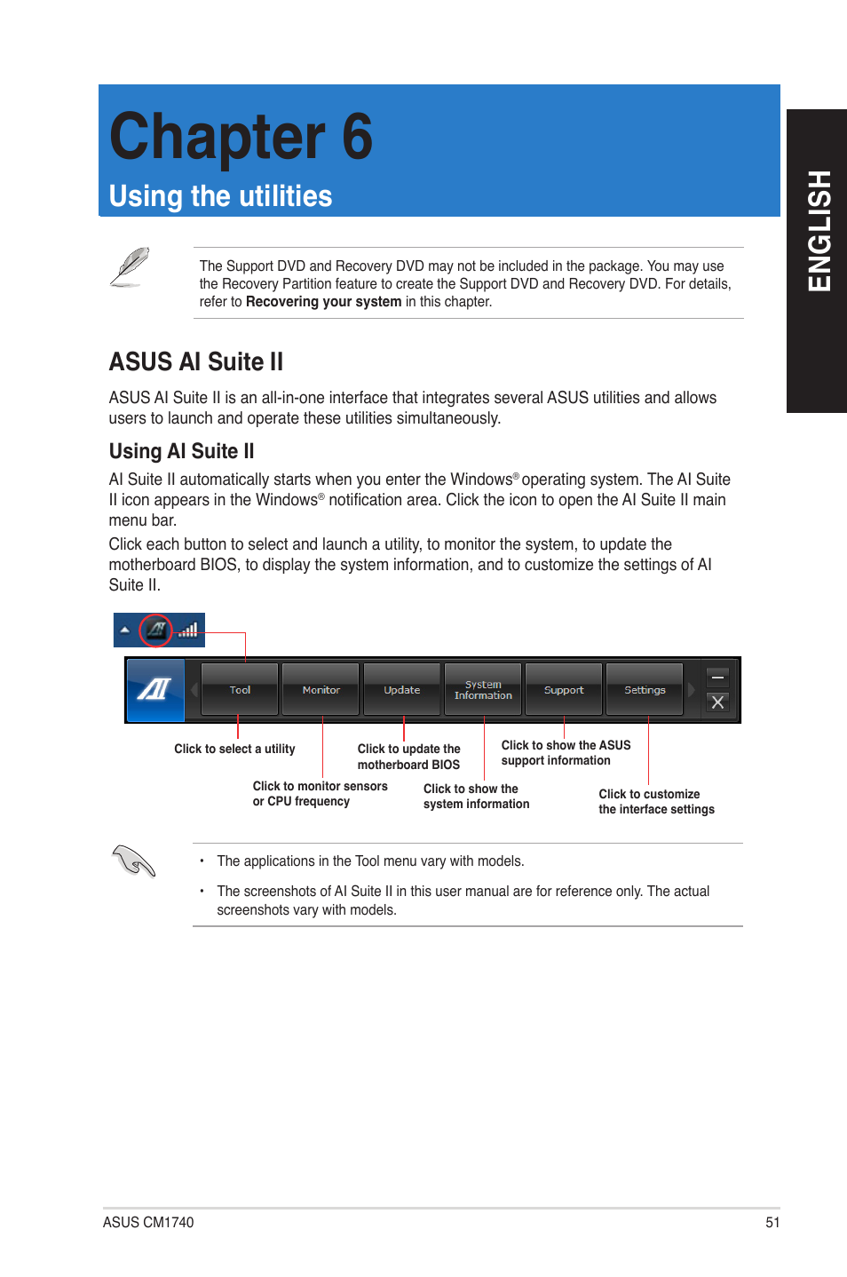 Chapter 6: using the utilities, Asus ai suite ii, Using the utilities | Chapter 6, En gl is h en gl is h | Asus CM1740 User Manual | Page 51 / 70