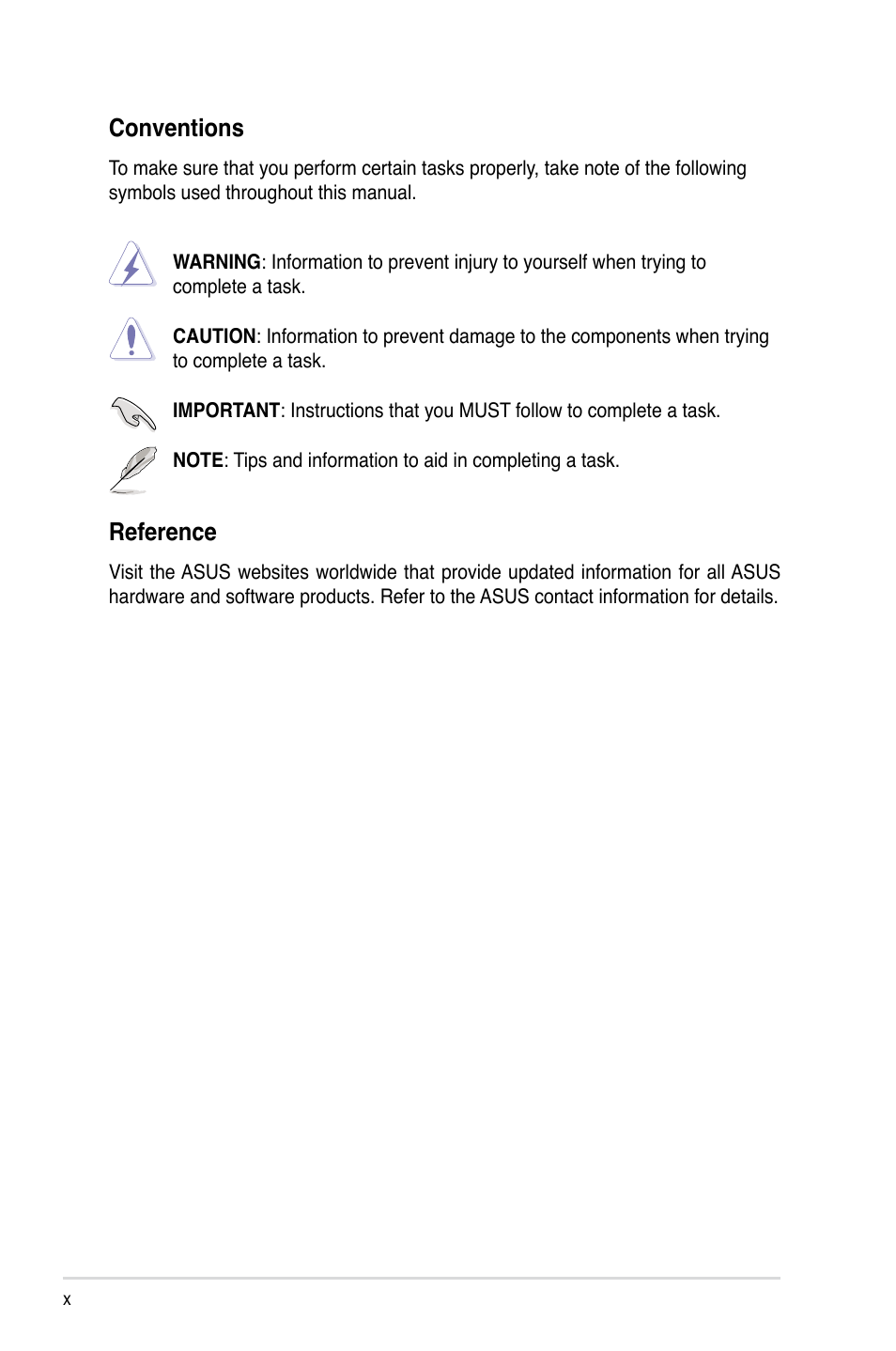 Conventions, Reference | Asus RS260-E4/RX8 User Manual | Page 10 / 182