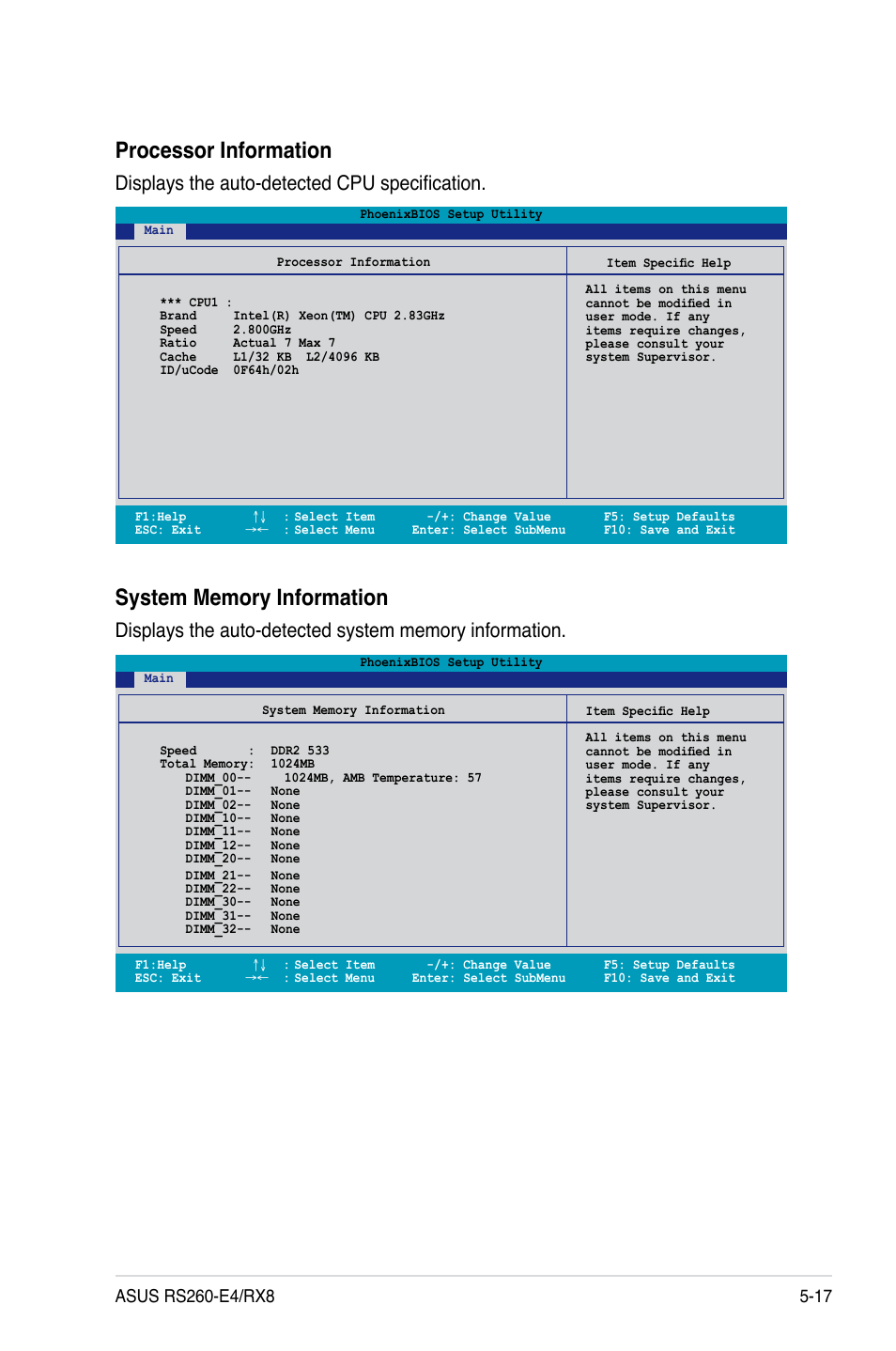 Processor information, Displays the auto-detected cpu specification | Asus RS260-E4/RX8 User Manual | Page 103 / 182