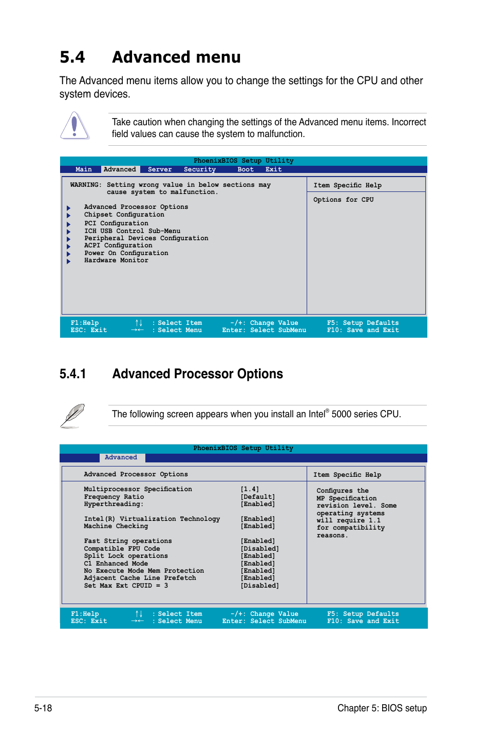 4 advanced menu, 1 advanced processor options, 18 chapter 5: bios setup | 5000 series cpu | Asus RS260-E4/RX8 User Manual | Page 104 / 182