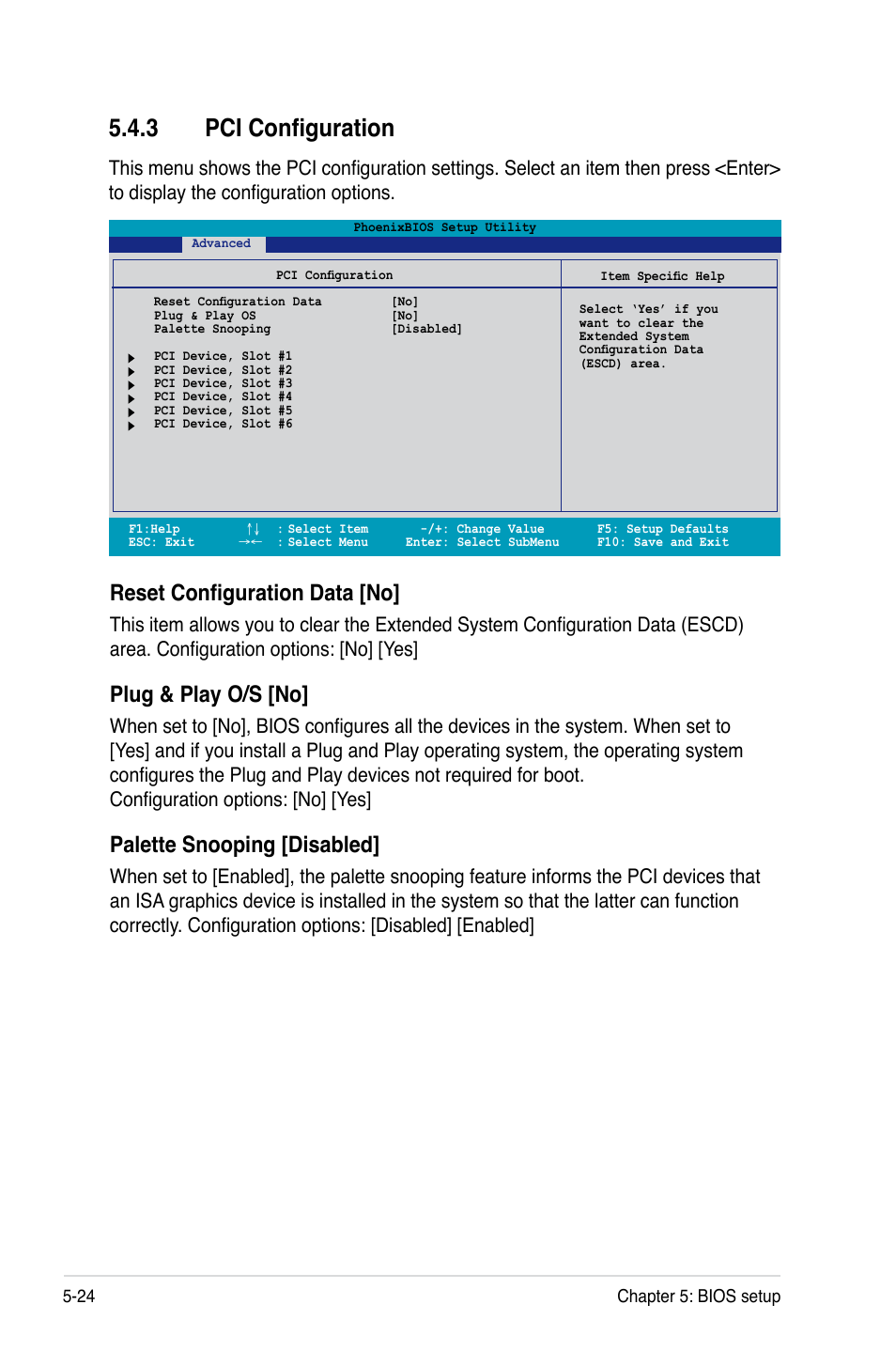 3 pci configuration, Reset configuration data [no, Plug & play o/s [no | Palette snooping [disabled | Asus RS260-E4/RX8 User Manual | Page 110 / 182