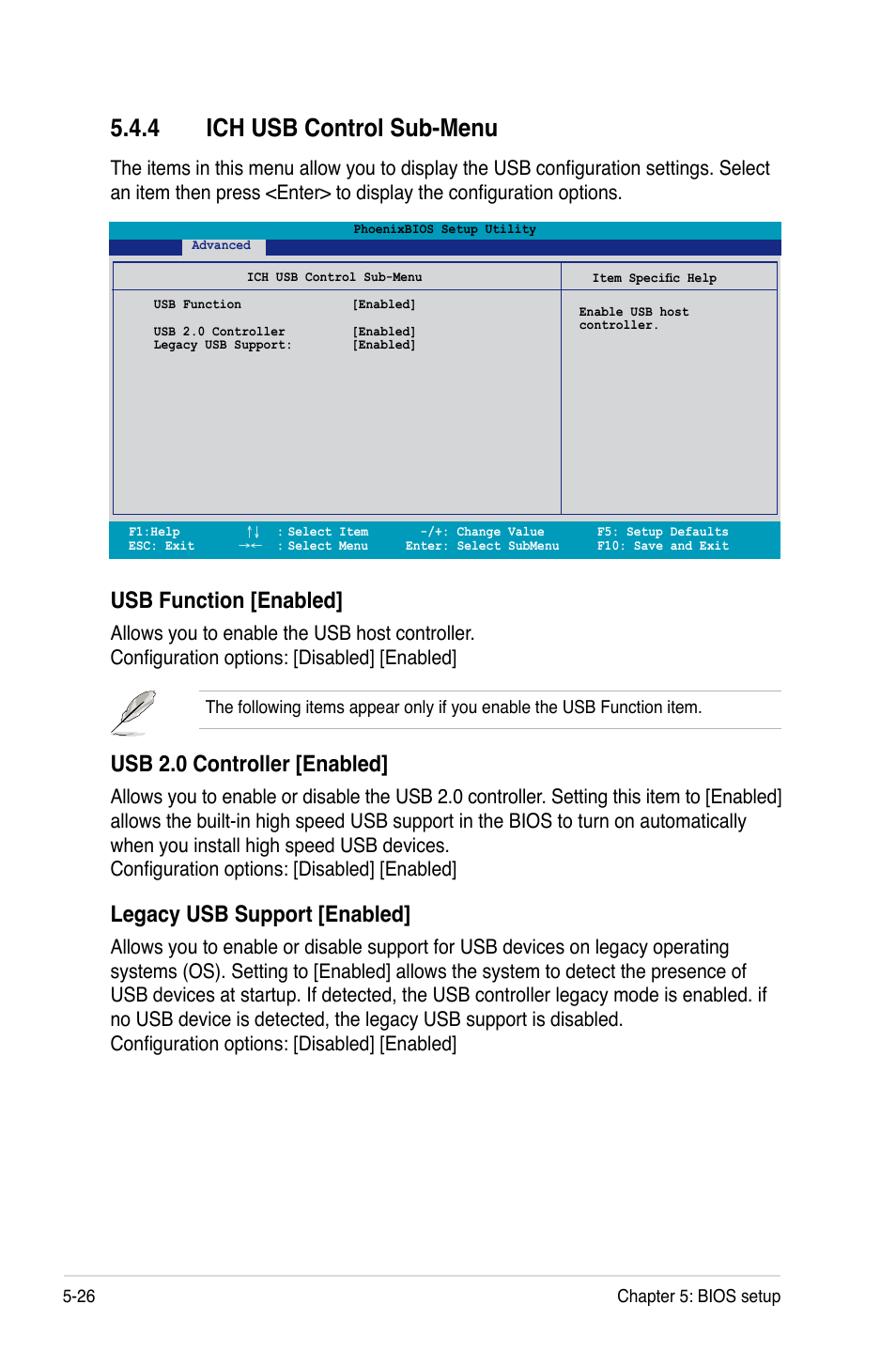 4 ich usb control sub-menu, Usb function [enabled, Usb 2.0 controller [enabled | Legacy usb support [enabled | Asus RS260-E4/RX8 User Manual | Page 112 / 182