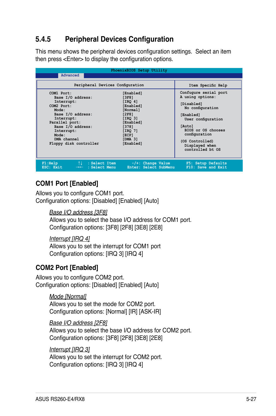 5 peripheral devices configuration, Com1 port [enabled, Com2 port [enabled | Asus RS260-E4/RX8 User Manual | Page 113 / 182