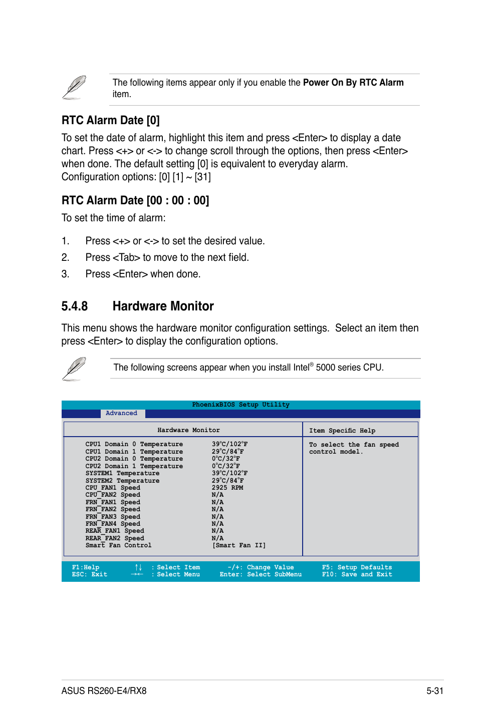 8 hardware monitor, Rtc alarm date [0, 5000 series cpu | Asus RS260-E4/RX8 User Manual | Page 117 / 182