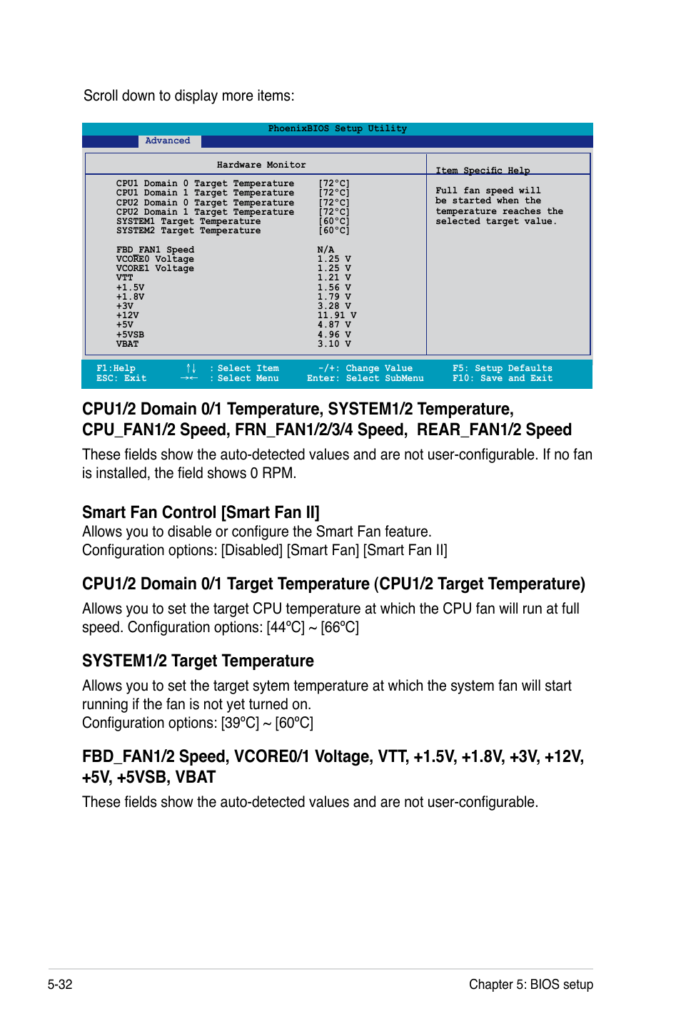 Smart fan control [smart fan ii, System1/2 target temperature, Scroll down to display more items | Asus RS260-E4/RX8 User Manual | Page 118 / 182