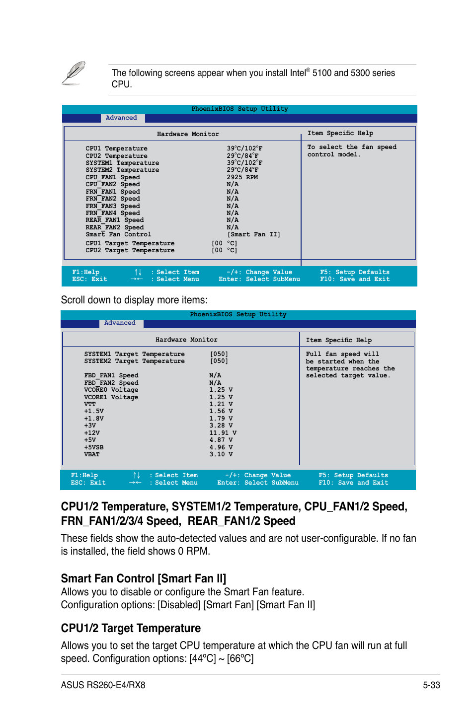 Smart fan control [smart fan ii, Cpu1/2 target temperature, Scroll down to display more items | Asus RS260-E4/RX8 User Manual | Page 119 / 182