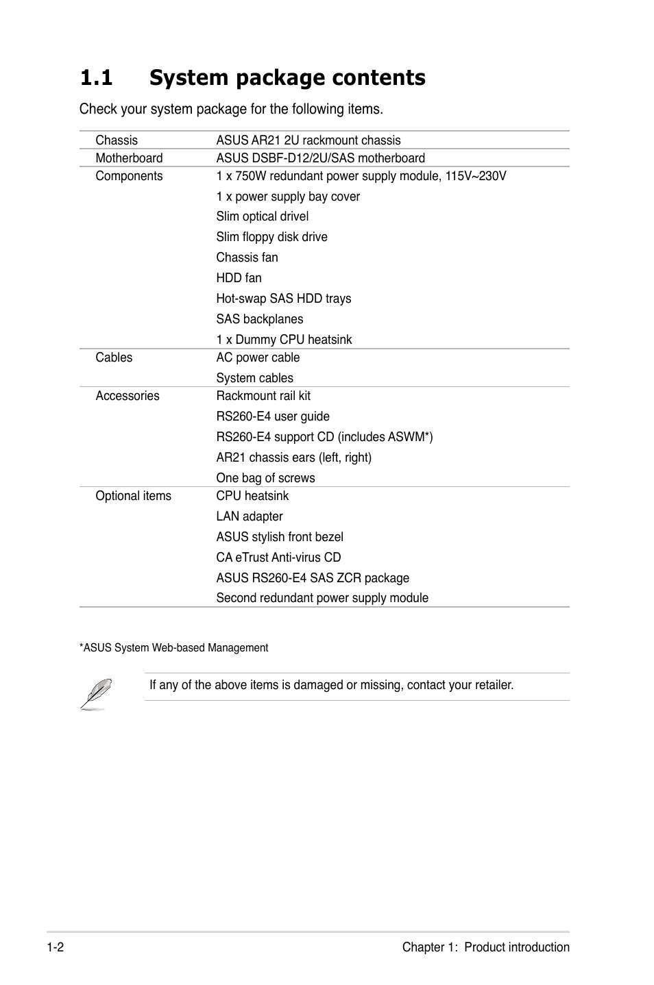 1 system package contents | Asus RS260-E4/RX8 User Manual | Page 12 / 182