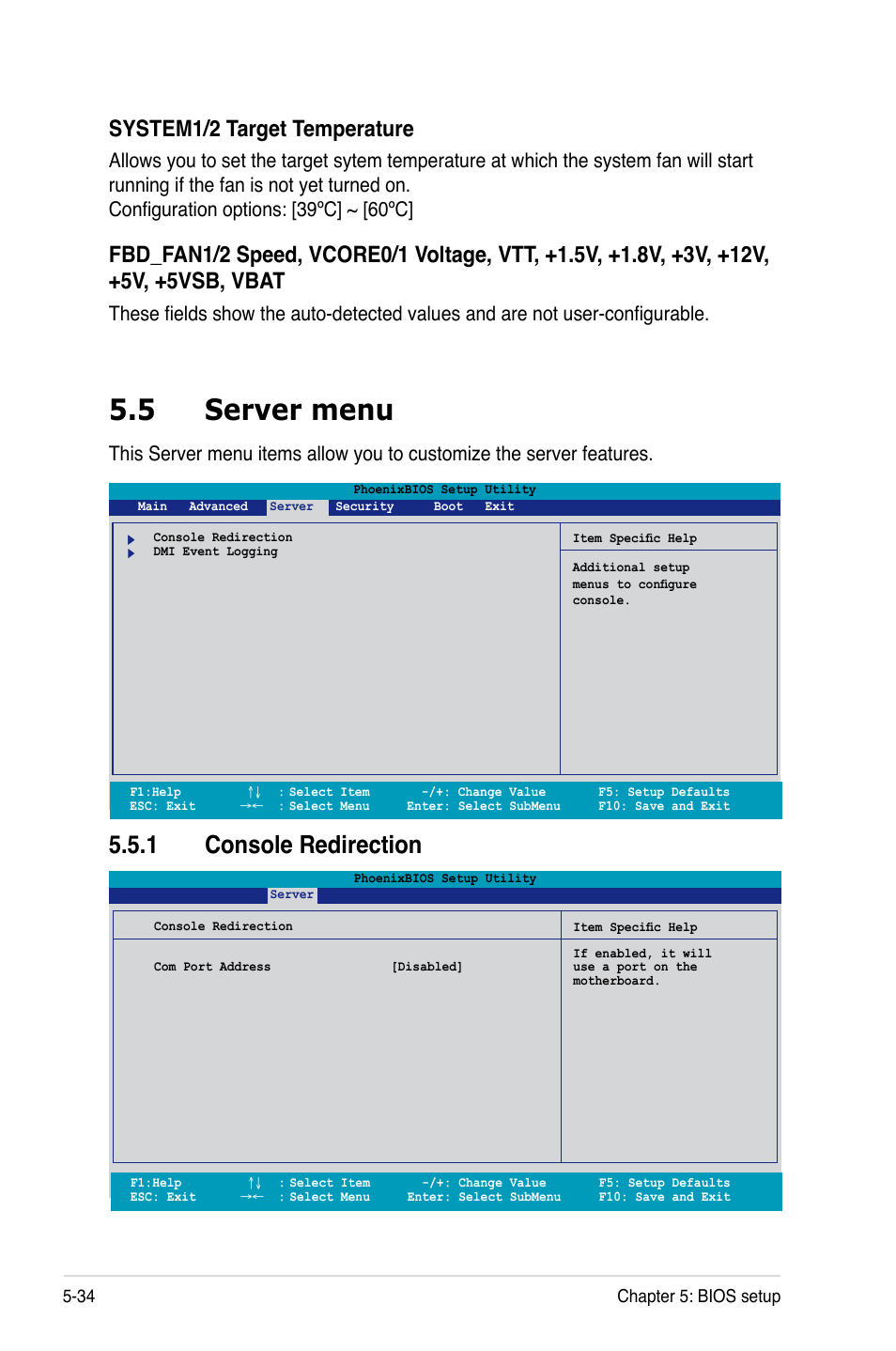 5 server menu, 1 console redirection, System1/2 target temperature | Asus RS260-E4/RX8 User Manual | Page 120 / 182