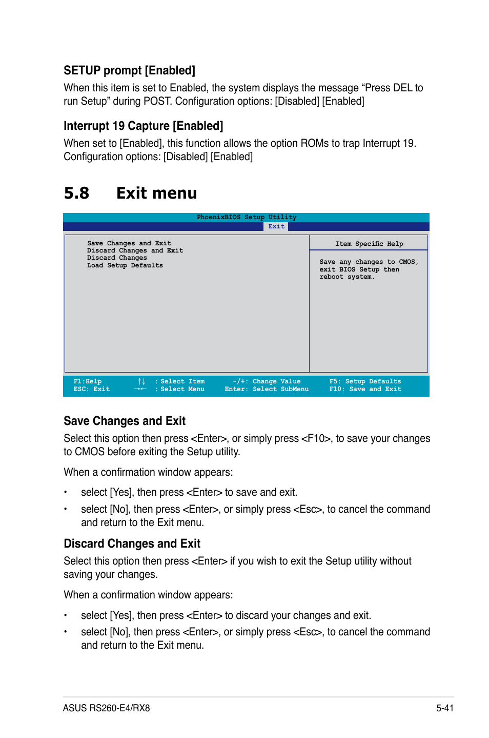 8 exit menu, Setup prompt [enabled, Interrupt 19 capture [enabled | Save changes and exit, Discard changes and exit | Asus RS260-E4/RX8 User Manual | Page 127 / 182