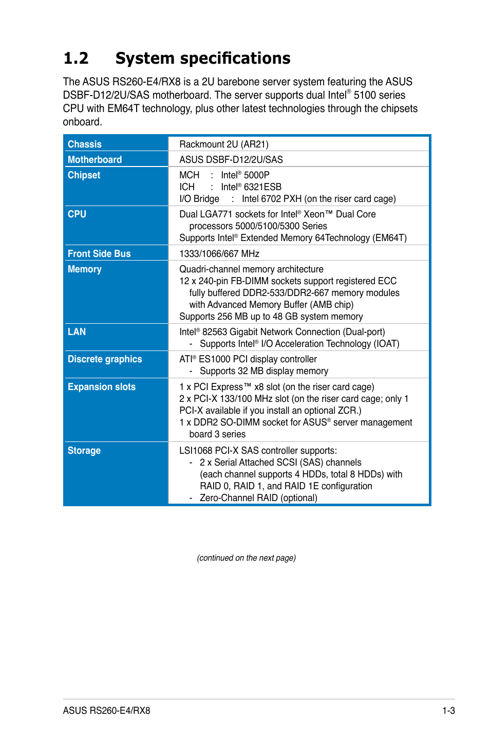 2 system specifications | Asus RS260-E4/RX8 User Manual | Page 13 / 182