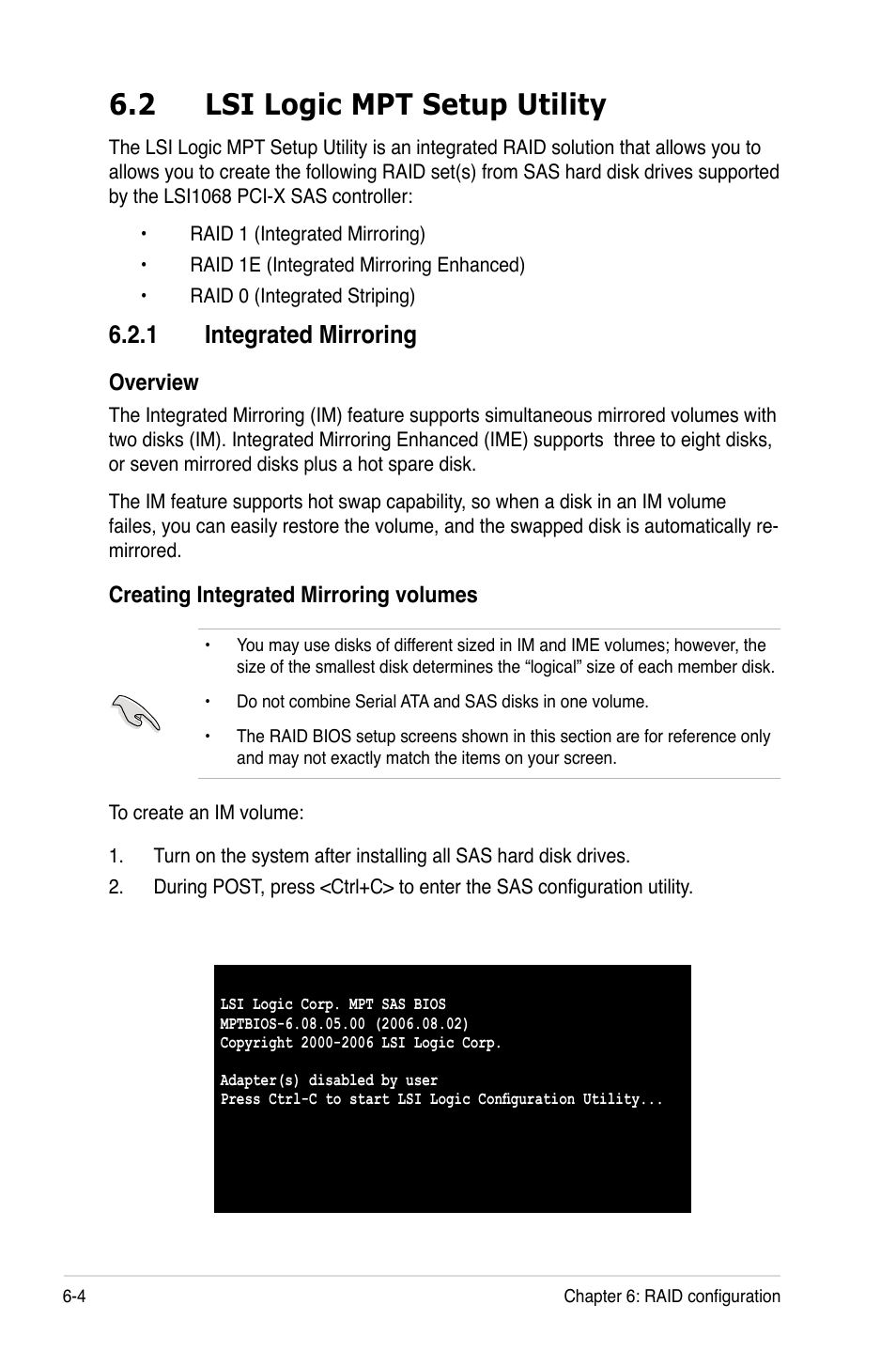 2 lsi logic mpt setup utility, 1 integrated mirroring | Asus RS260-E4/RX8 User Manual | Page 132 / 182