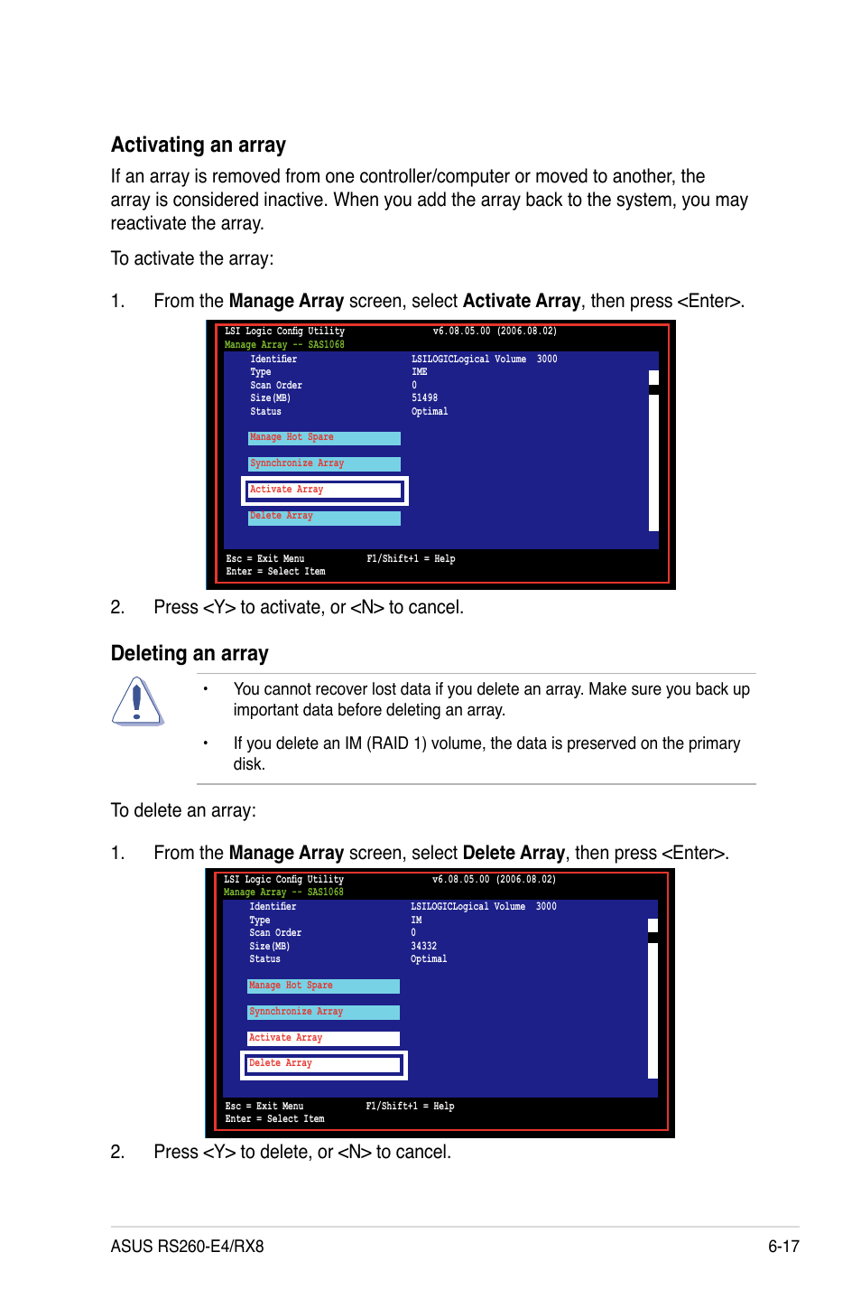 Activating an array, Deleting an array | Asus RS260-E4/RX8 User Manual | Page 145 / 182