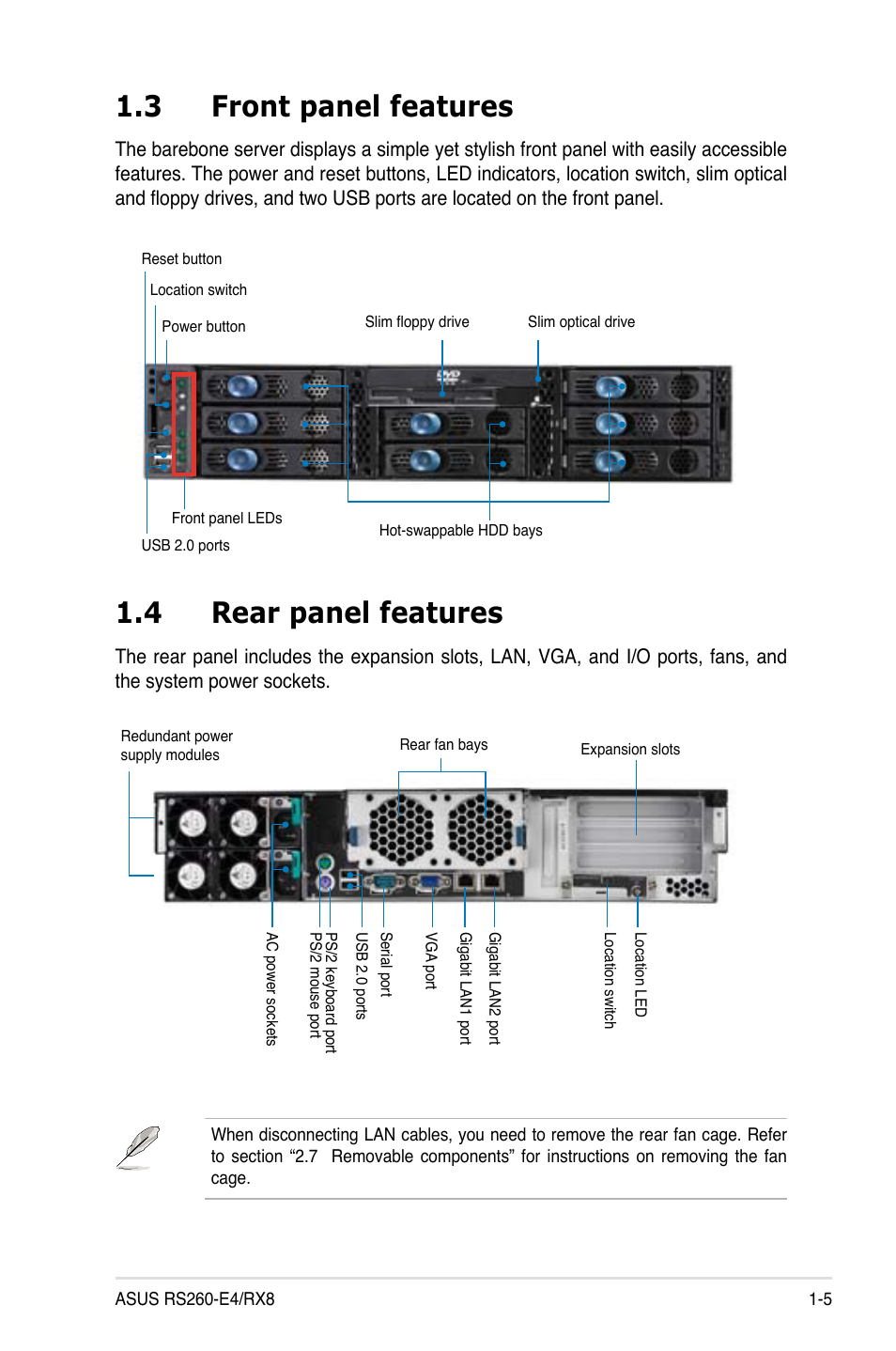 3 front panel features, 4 rear panel features | Asus RS260-E4/RX8 User Manual | Page 15 / 182