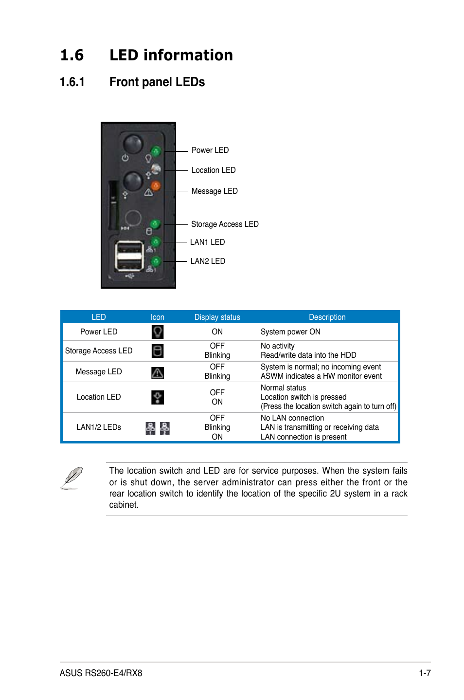 6 led information, 1 front panel leds | Asus RS260-E4/RX8 User Manual | Page 17 / 182