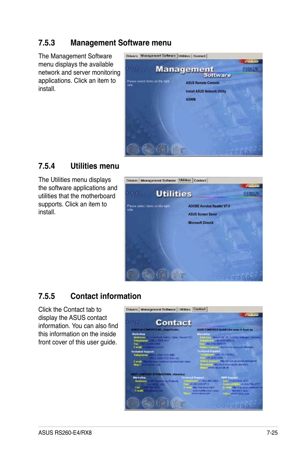 3 management software menu, 4 utilities menu, 5 contact information | Asus RS260-E4/RX8 User Manual | Page 175 / 182