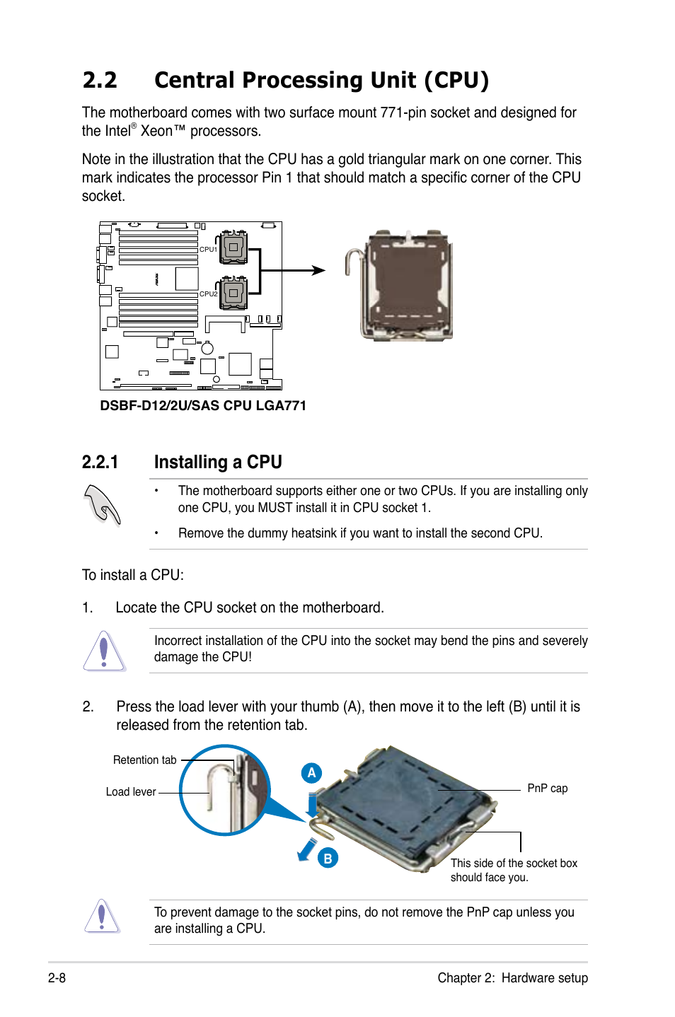 2 central processing unit (cpu), 1 installing a cpu | Asus RS260-E4/RX8 User Manual | Page 28 / 182