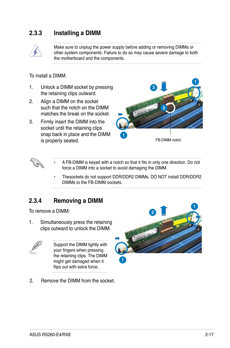 3 installing a dimm, 4 removing a dimm | Asus RS260-E4/RX8 User Manual | Page 37 / 182