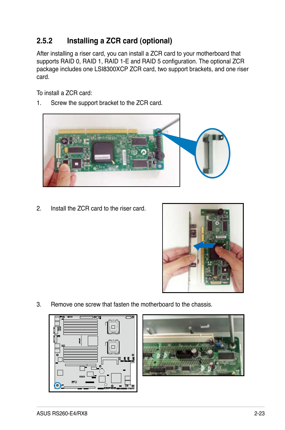 2 installing a zcr card (optional) | Asus RS260-E4/RX8 User Manual | Page 43 / 182