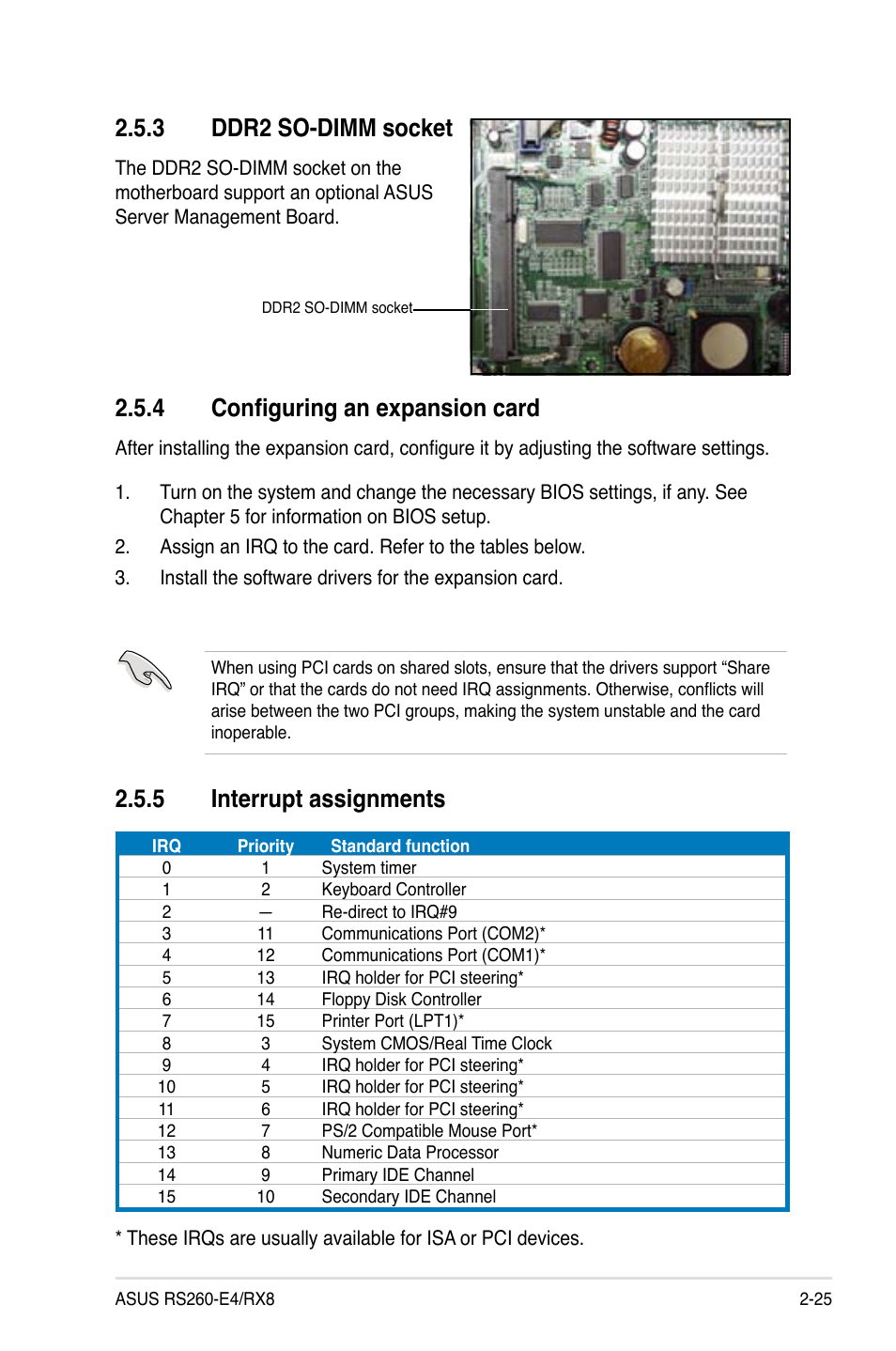 4 configuring an expansion card, 5 interrupt assignments, 3 ddr2 so-dimm socket | Asus RS260-E4/RX8 User Manual | Page 45 / 182