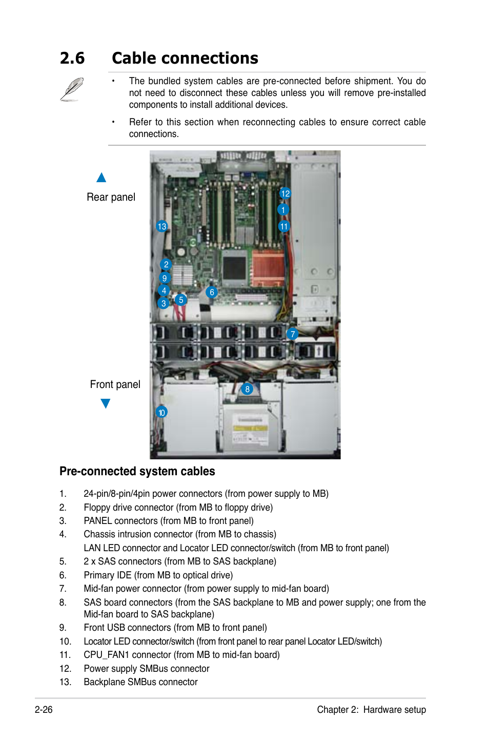 6 cable connections, Pre-connected system cables | Asus RS260-E4/RX8 User Manual | Page 46 / 182