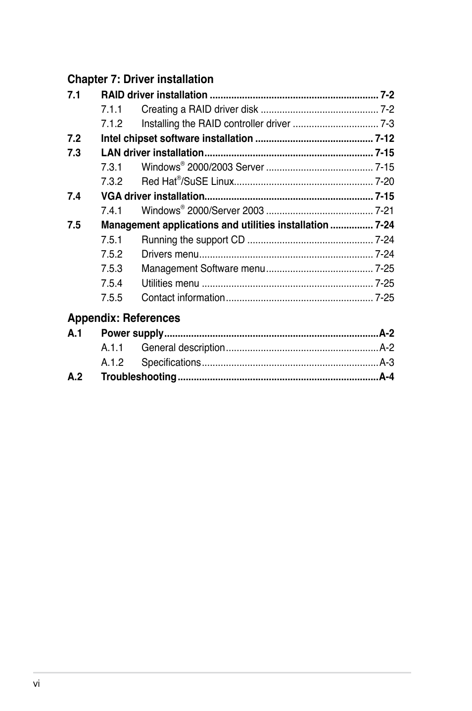 Chapter 7: driver installation, Appendix: references | Asus RS260-E4/RX8 User Manual | Page 6 / 182