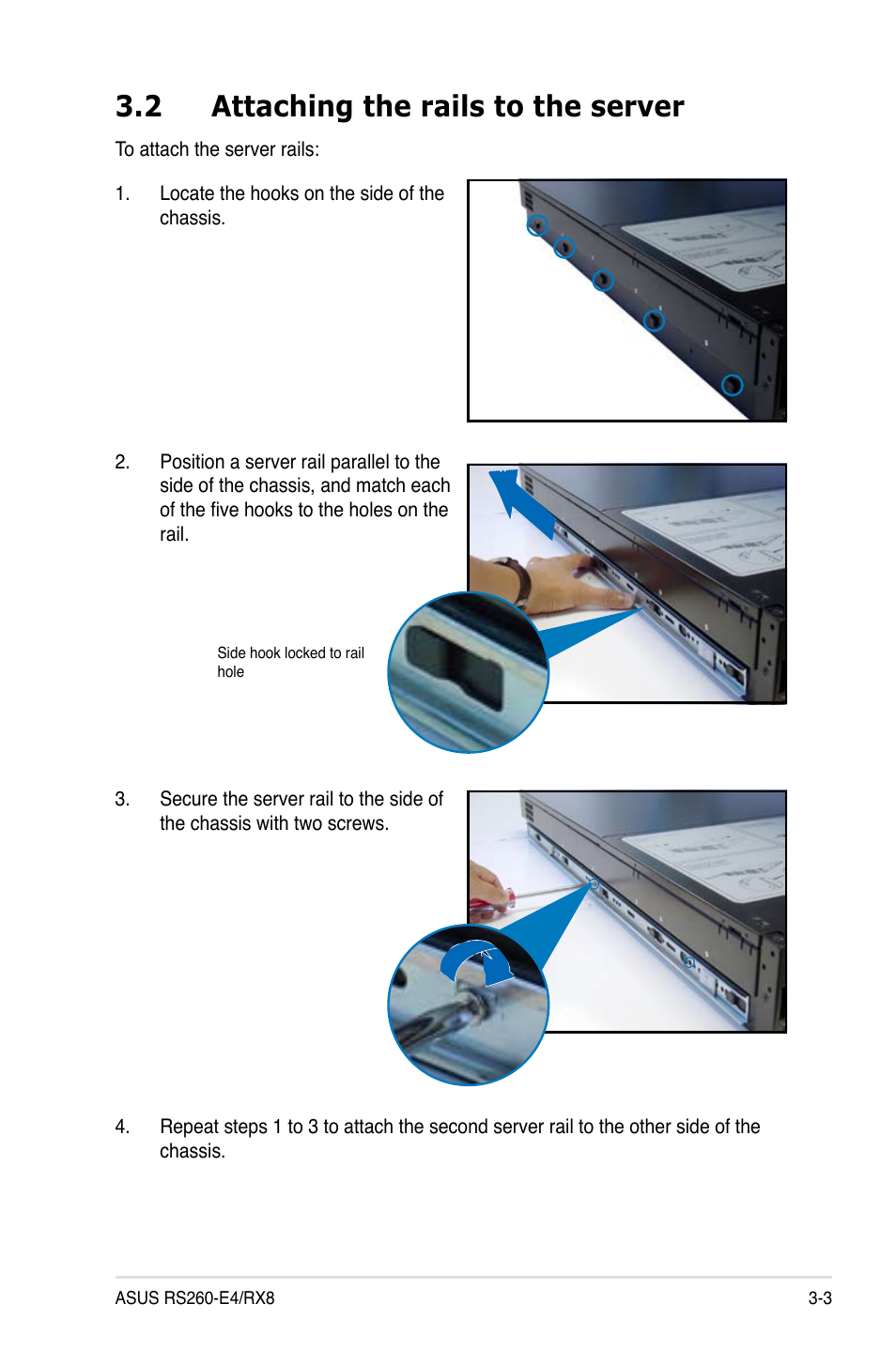 2 attaching the rails to the server | Asus RS260-E4/RX8 User Manual | Page 61 / 182