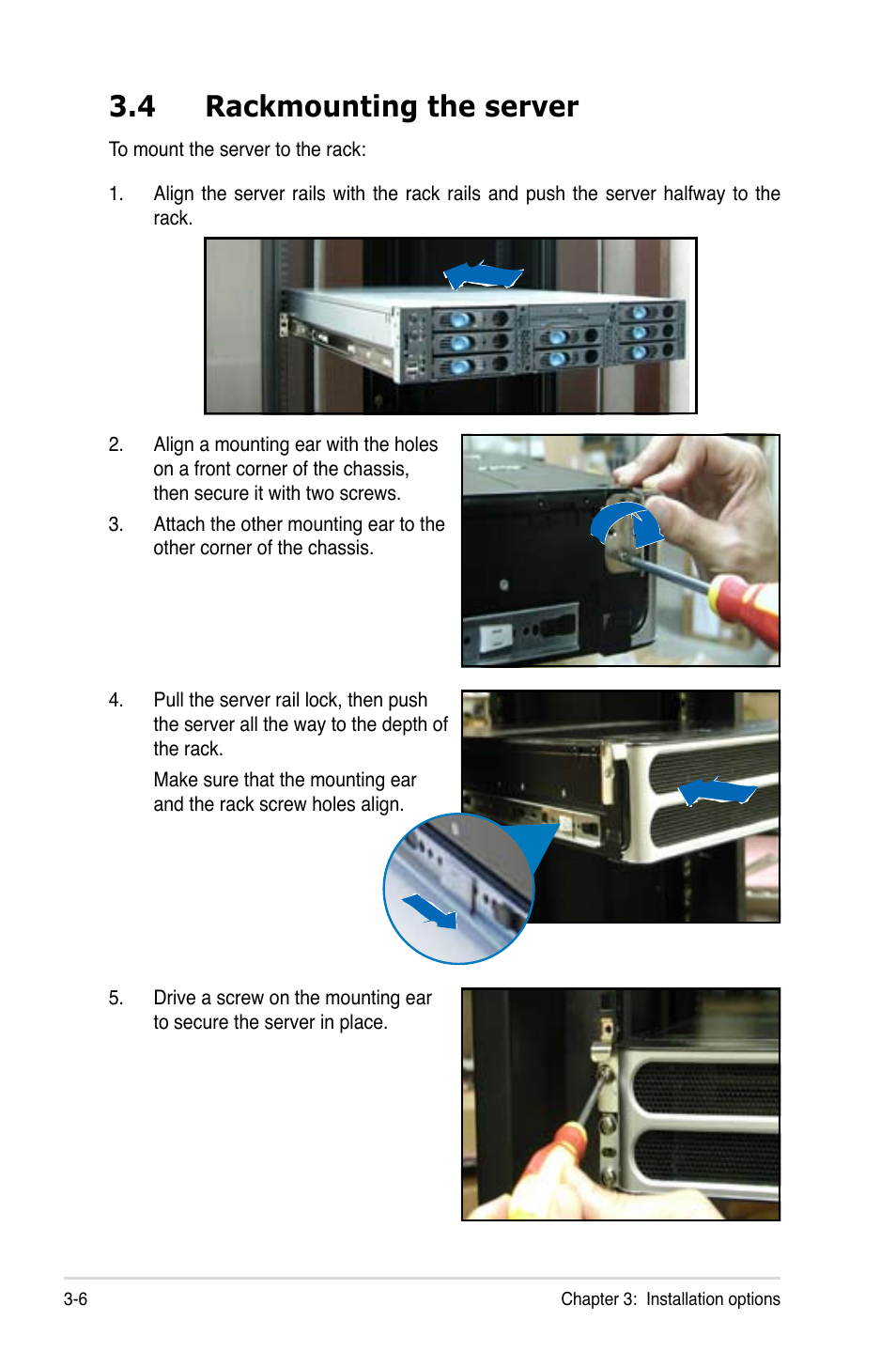 4 rackmounting the server | Asus RS260-E4/RX8 User Manual | Page 64 / 182