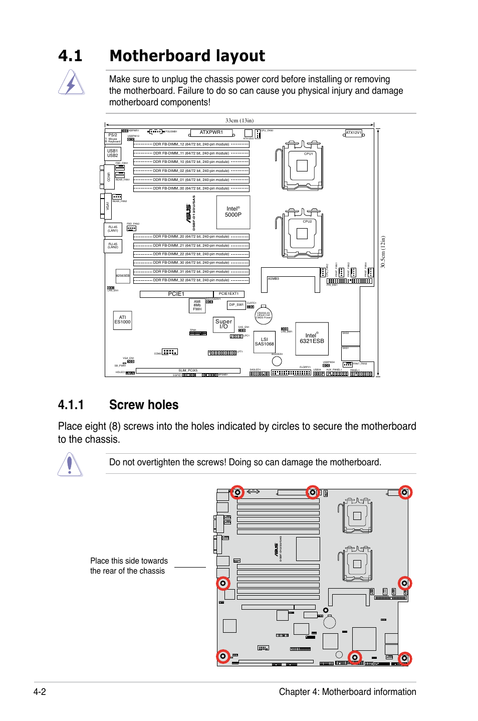 1 motherboard layout, 1 screw holes, 2 chapter 4: motherboard information | Place this side towards the rear of the chassis | Asus RS260-E4/RX8 User Manual | Page 66 / 182