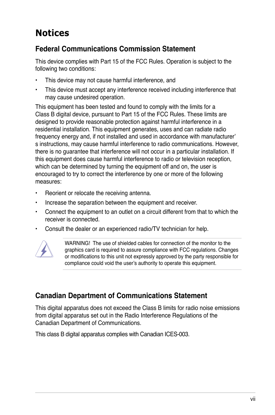 Notices, Federal communications commission statement, Canadian department of communications statement | Asus RS260-E4/RX8 User Manual | Page 7 / 182