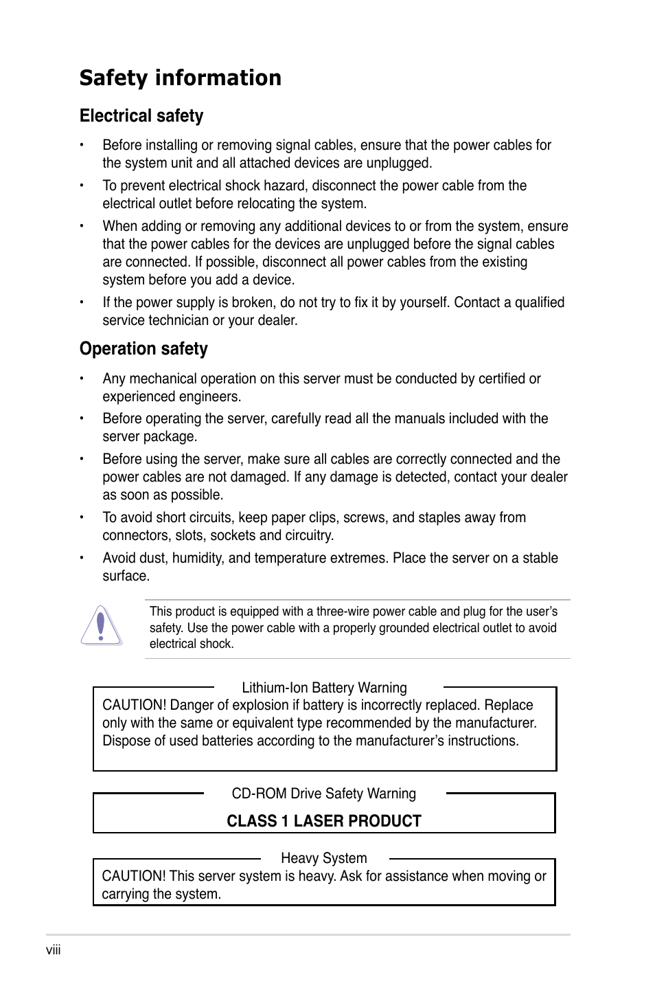 Safety information, Electrical safety, Operation safety | Asus RS260-E4/RX8 User Manual | Page 8 / 182