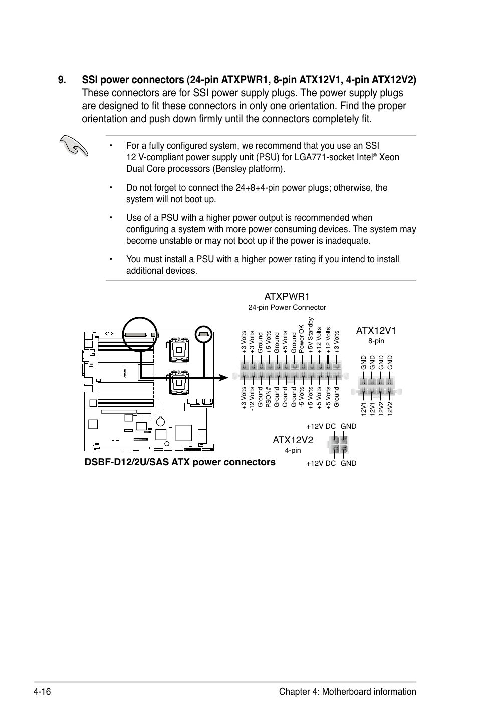 16 chapter 4: motherboard information, Dsbf-d12/2u/sas atx power connectors, Atxpwr1 atx12v1 | Atx12v2 | Asus RS260-E4/RX8 User Manual | Page 80 / 182