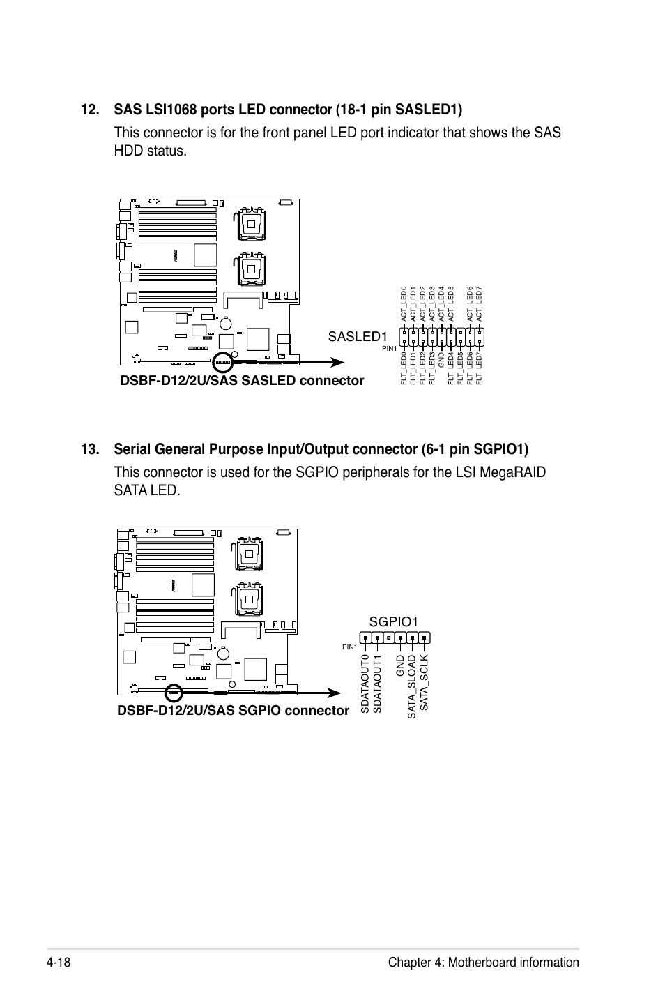 18 chapter 4: motherboard information, Dsbf-d12/2u/sas sasled connector sasled1, Dsbf-d12/2u/sas sgpio connector sgpio1 | Asus RS260-E4/RX8 User Manual | Page 82 / 182