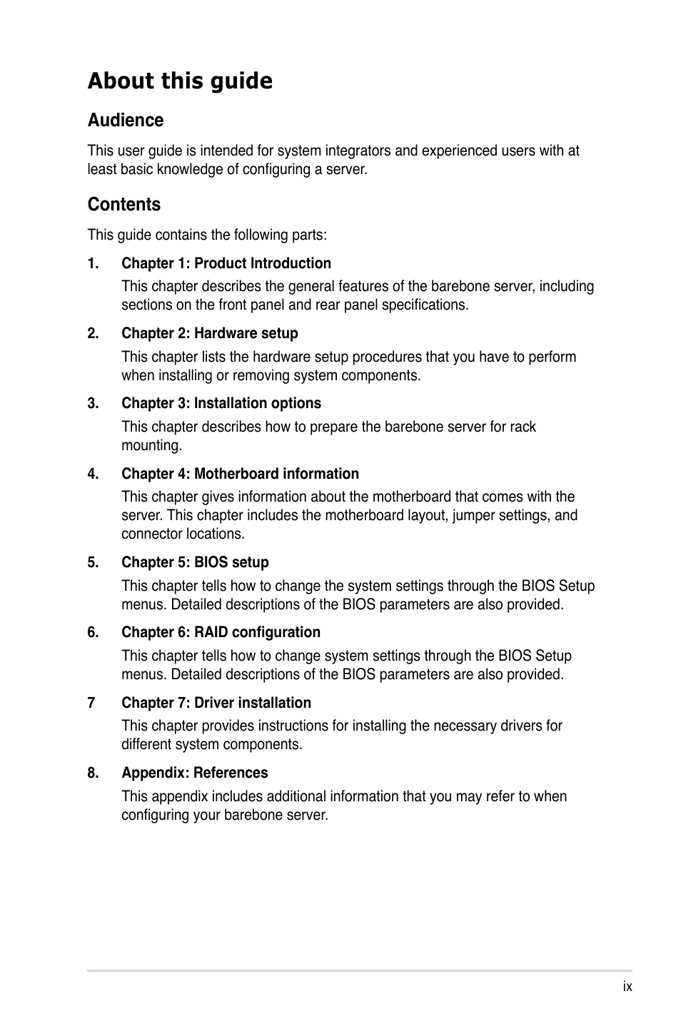 Asus RS260-E4/RX8 User Manual | Page 9 / 182