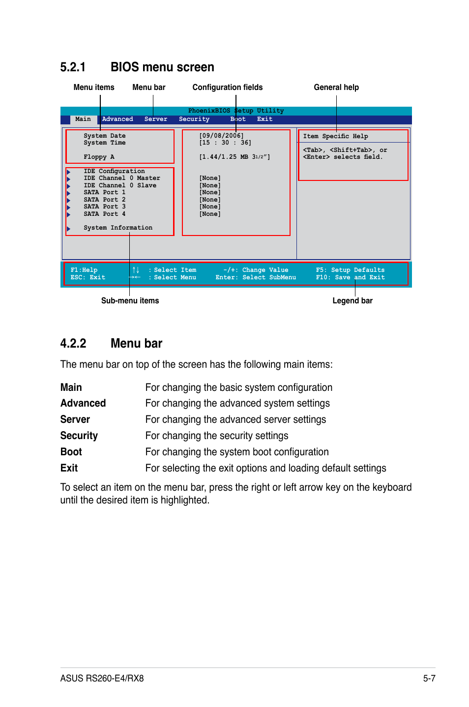 2 menu bar, 1 bios menu screen | Asus RS260-E4/RX8 User Manual | Page 93 / 182