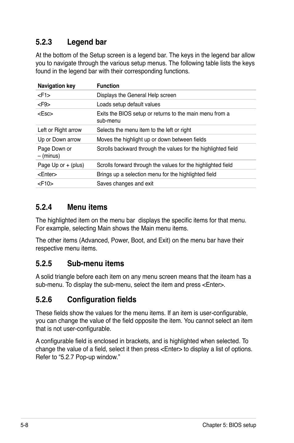 4 menu items, 5 sub-menu items, 6 configuration fields | 3 legend bar | Asus RS260-E4/RX8 User Manual | Page 94 / 182