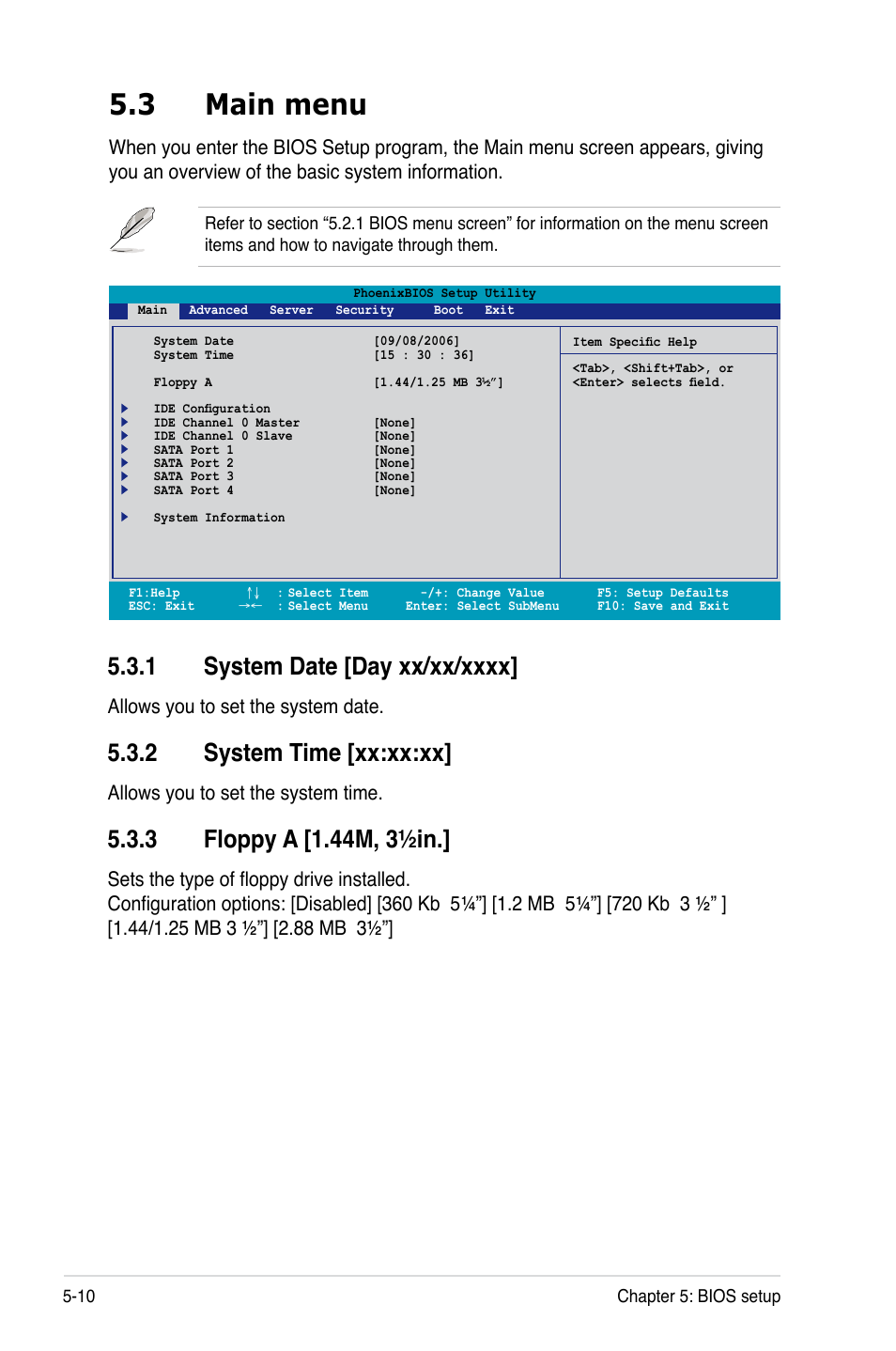 3 main menu, 2 system time [xx:xx:xx, Allows you to set the system date | Allows you to set the system time | Asus RS260-E4/RX8 User Manual | Page 96 / 182