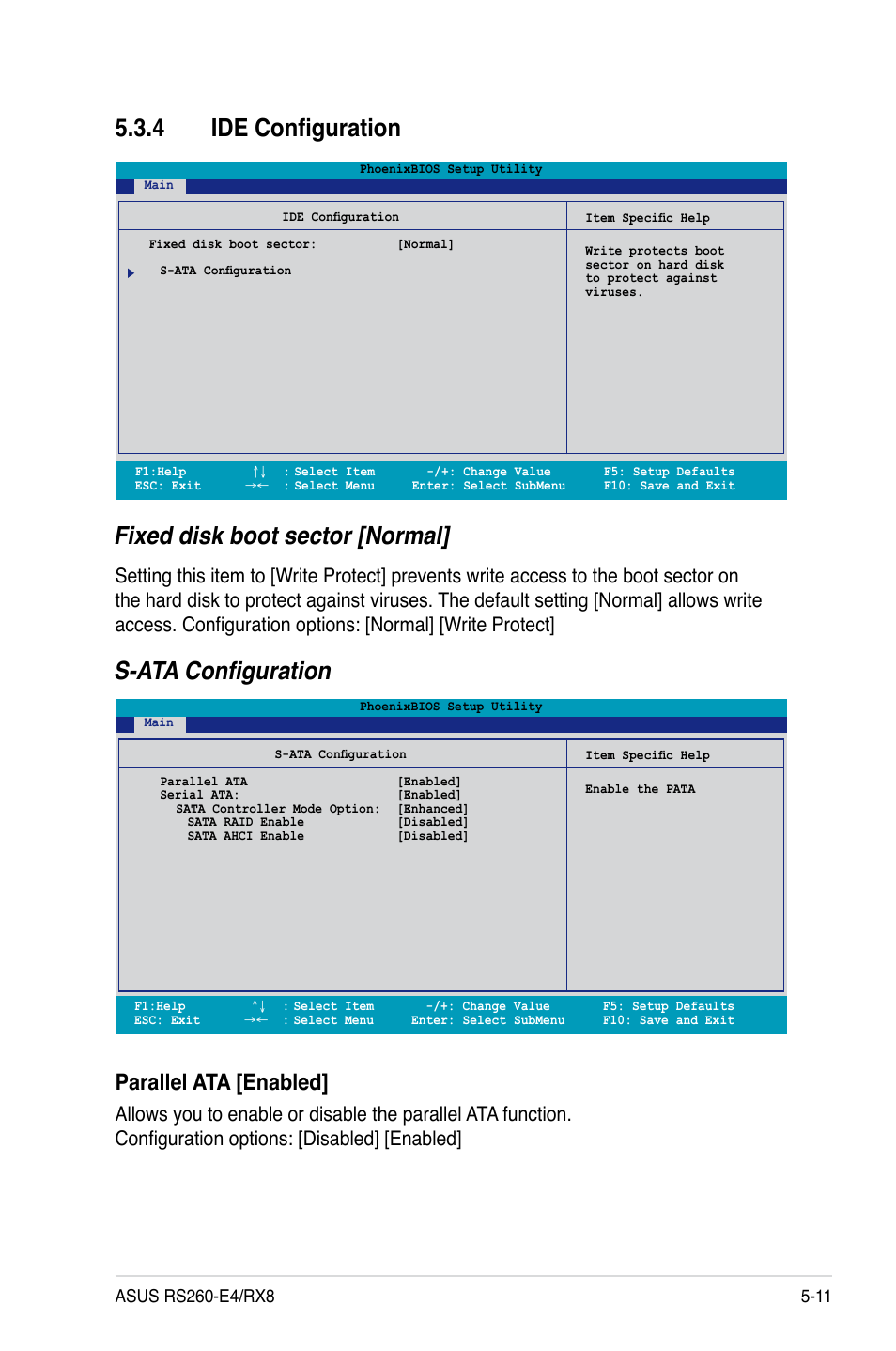 4 ide configuration, Fixed disk boot sector [normal, S-ata configuration | Parallel ata [enabled | Asus RS260-E4/RX8 User Manual | Page 97 / 182