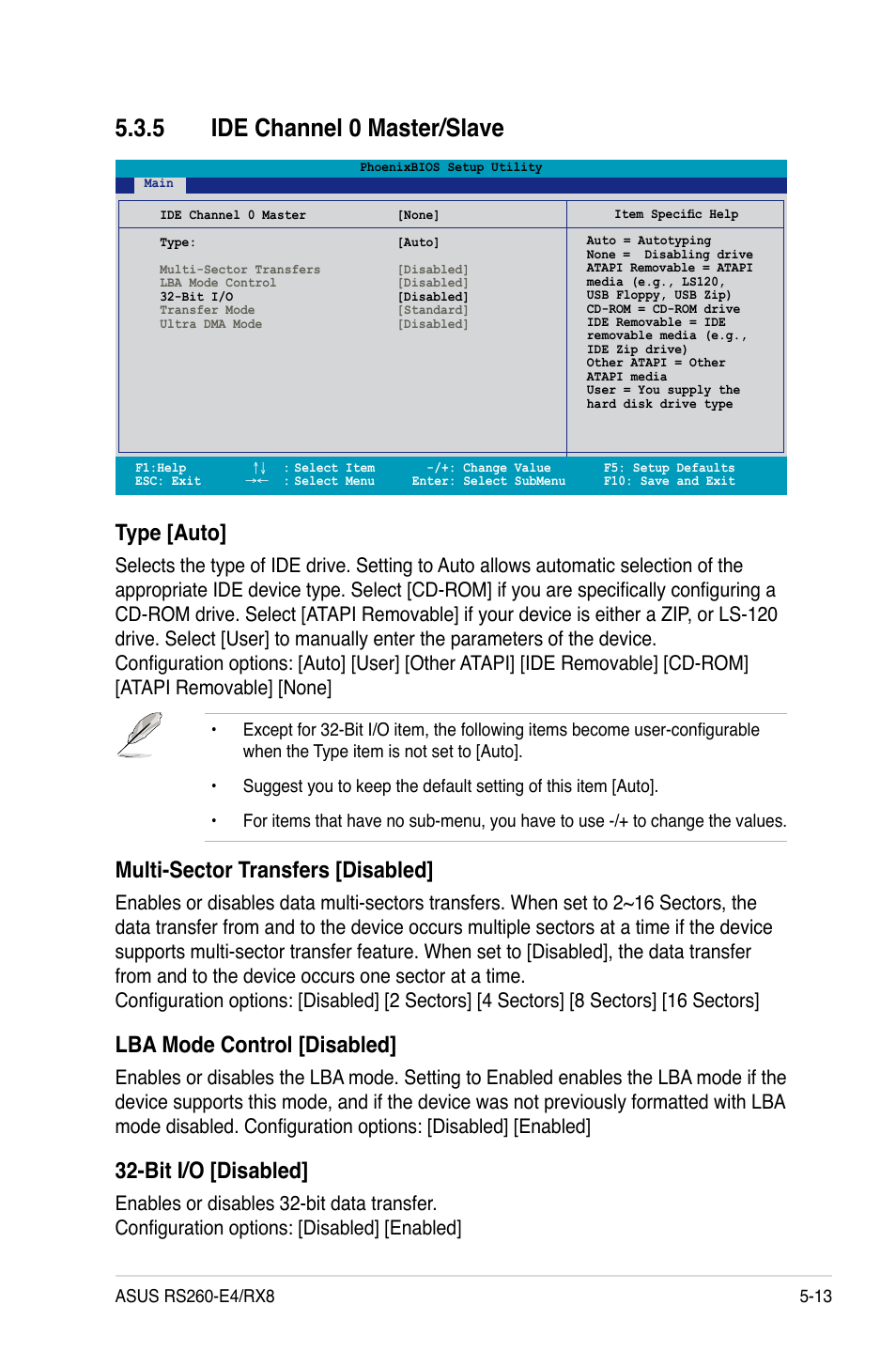 5 ide channel 0 master/slave, Type [auto, Multi-sector transfers [disabled | Lba mode control [disabled, Bit i/o [disabled | Asus RS260-E4/RX8 User Manual | Page 99 / 182