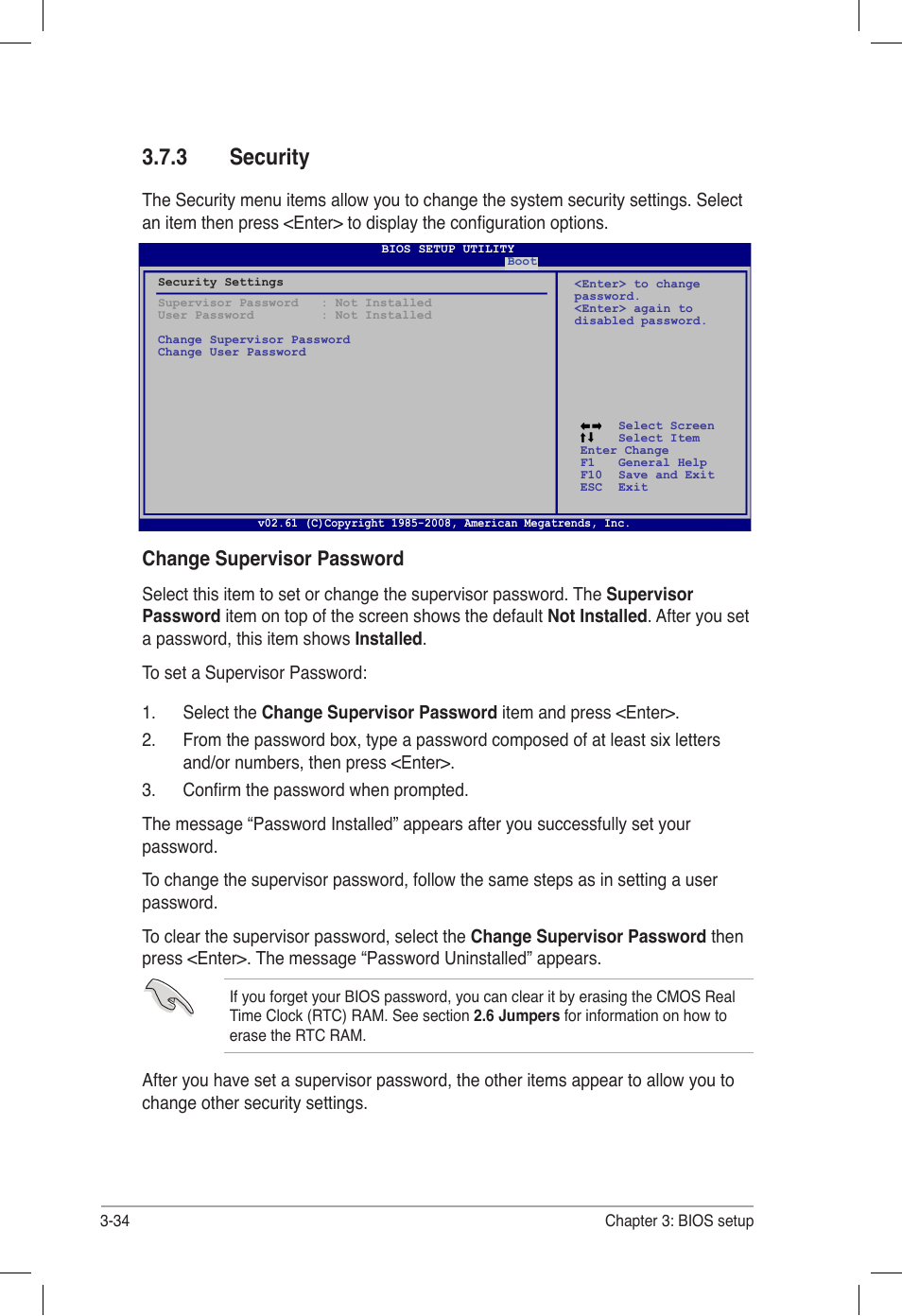 3 security, Security -34, Change supervisor password | Asus P6T6 WS Revolution User Manual | Page 100 / 184