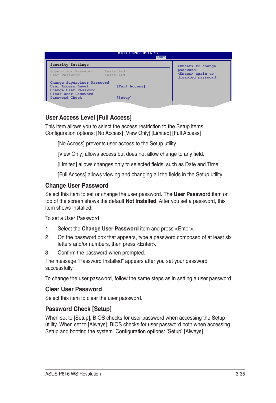 User access level [full access, Change user password, Clear user password | Password check [setup | Asus P6T6 WS Revolution User Manual | Page 101 / 184