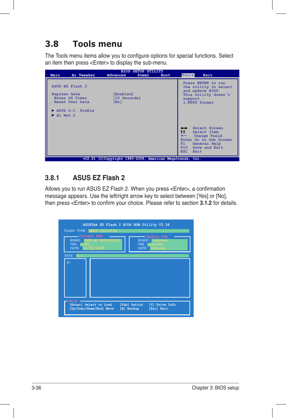 8 tools menu, 1 asus ez flash 2, Tools menu -36 3.8.1 | Asus ez flash 2 -36 | Asus P6T6 WS Revolution User Manual | Page 102 / 184