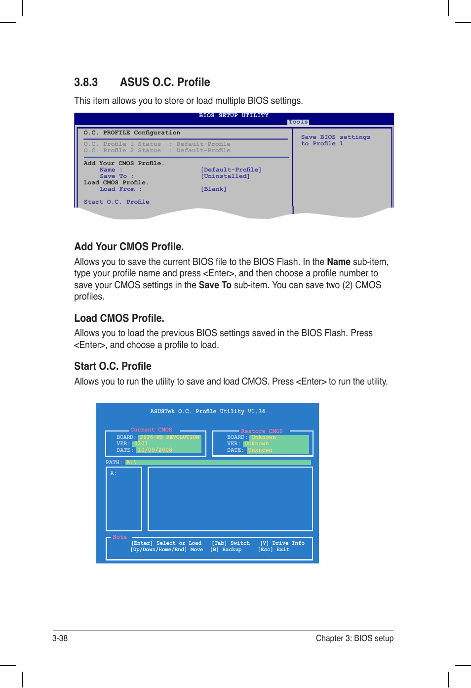 3 asus o.c. profile, Asus o.c. profile -38, Add your cmos profile | Load cmos profile, Start o.c. profile | Asus P6T6 WS Revolution User Manual | Page 104 / 184