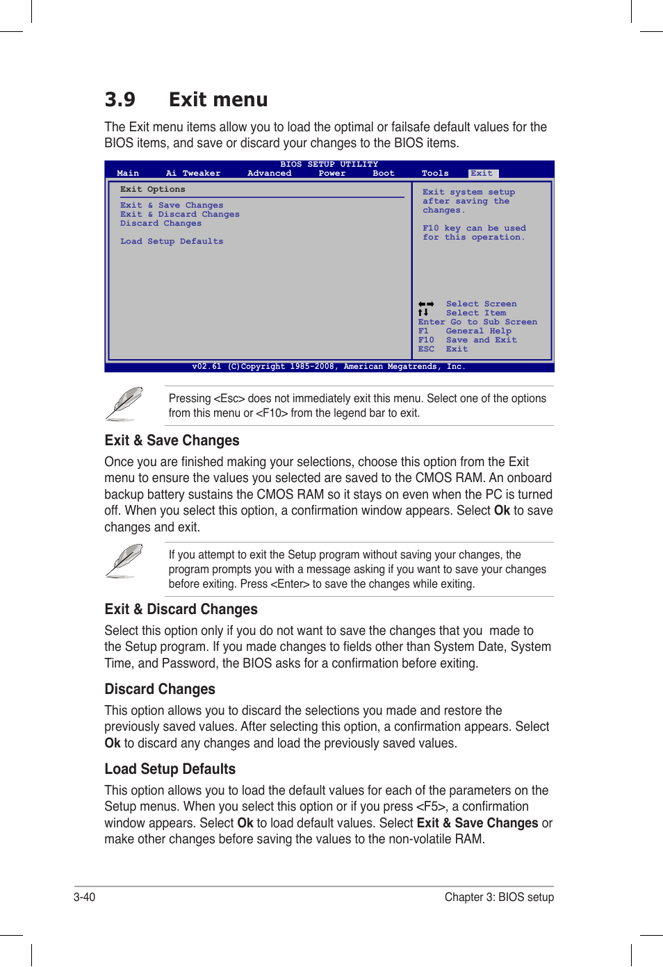 9 exit menu, Exit menu -40, Exit & save changes | Exit & discard changes, Discard changes, Load setup defaults | Asus P6T6 WS Revolution User Manual | Page 106 / 184