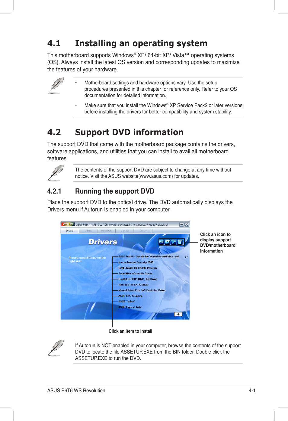 1 installing an operating system, 2 support dvd information, 1 running the support dvd | Installing an operating system -1, Support dvd information -1 4.2.1, Running the support dvd -1 | Asus P6T6 WS Revolution User Manual | Page 109 / 184