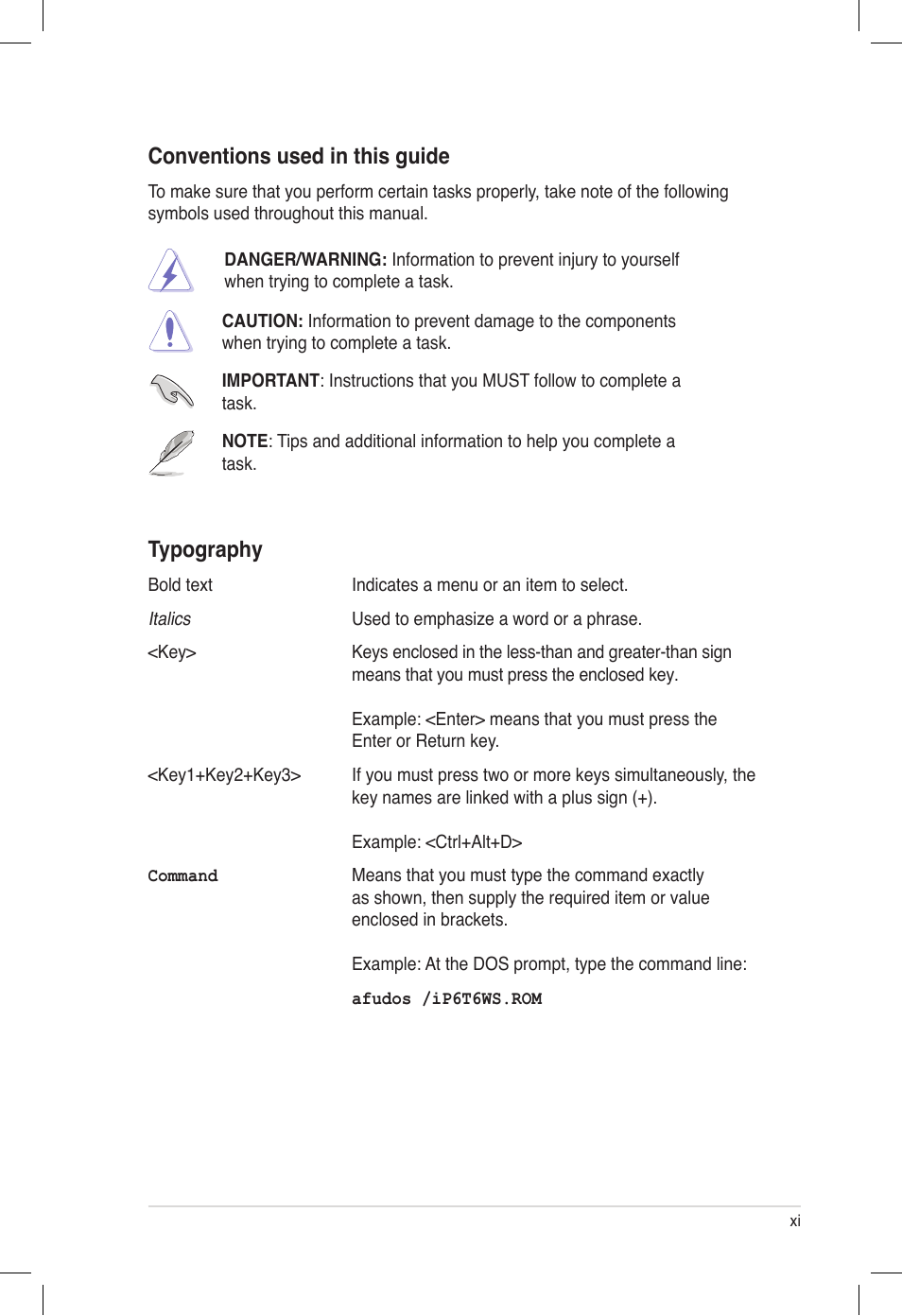 Conventions used in this guide, Typography | Asus P6T6 WS Revolution User Manual | Page 11 / 184