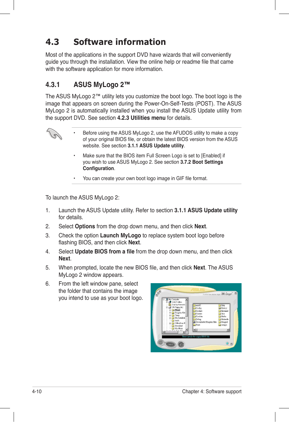 3 software information, 1 asus mylogo 2, Software information -10 4.3.1 | Asus mylogo 2™ -10 | Asus P6T6 WS Revolution User Manual | Page 118 / 184